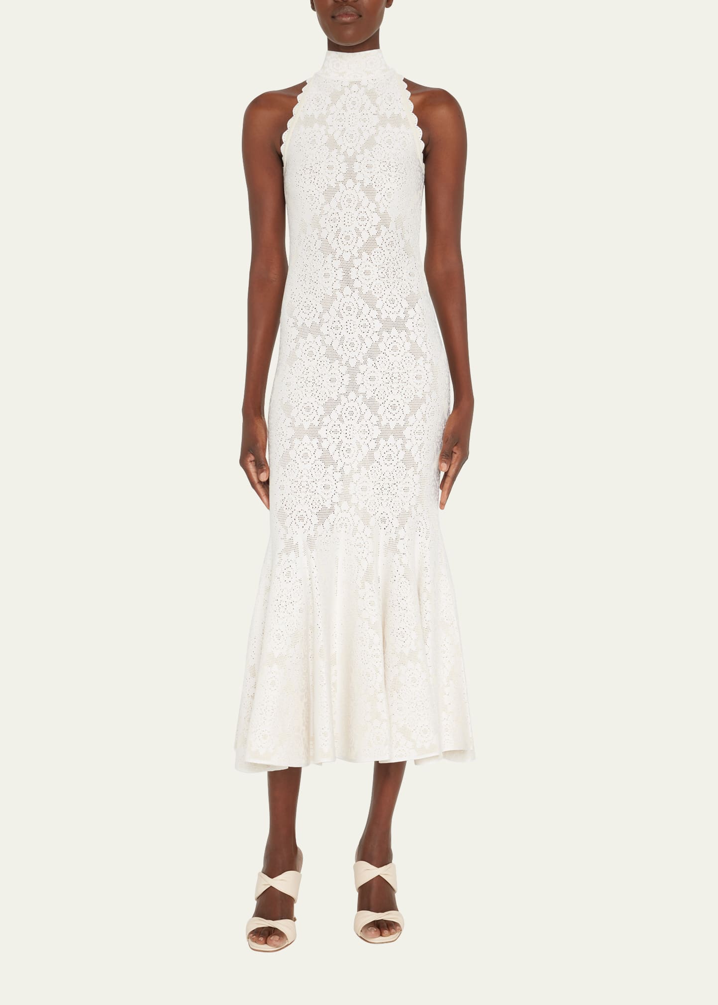 ALAIA Mesh Floral Lace Flounce-Hem Midi Dress