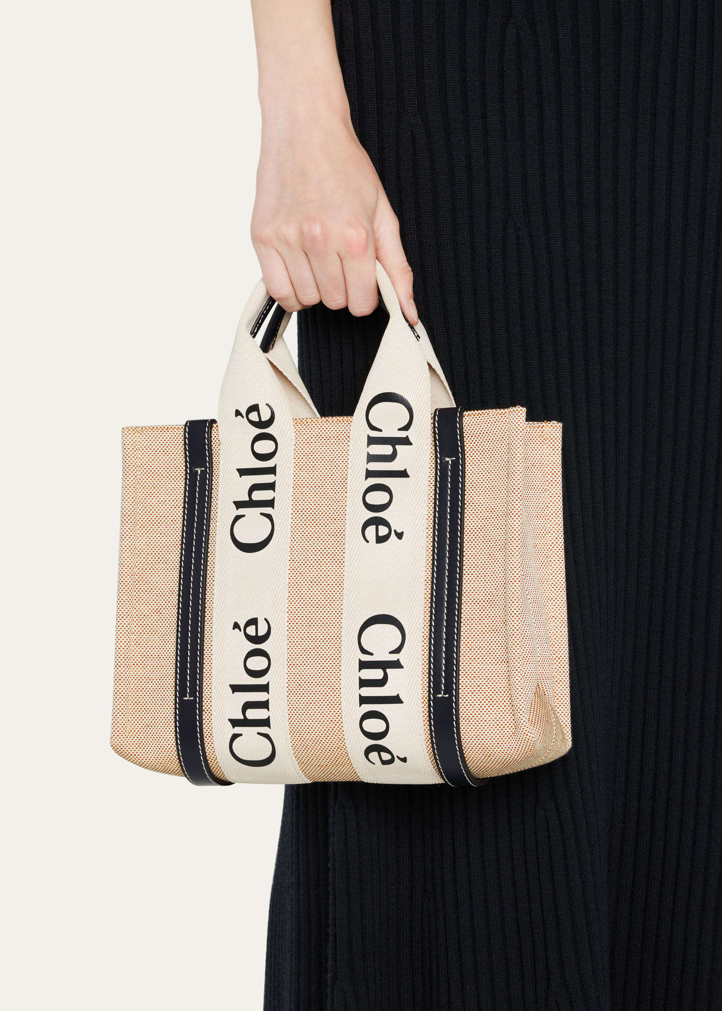 Chloe Woody Small Tote Bag in Linen with Crossbody Strap