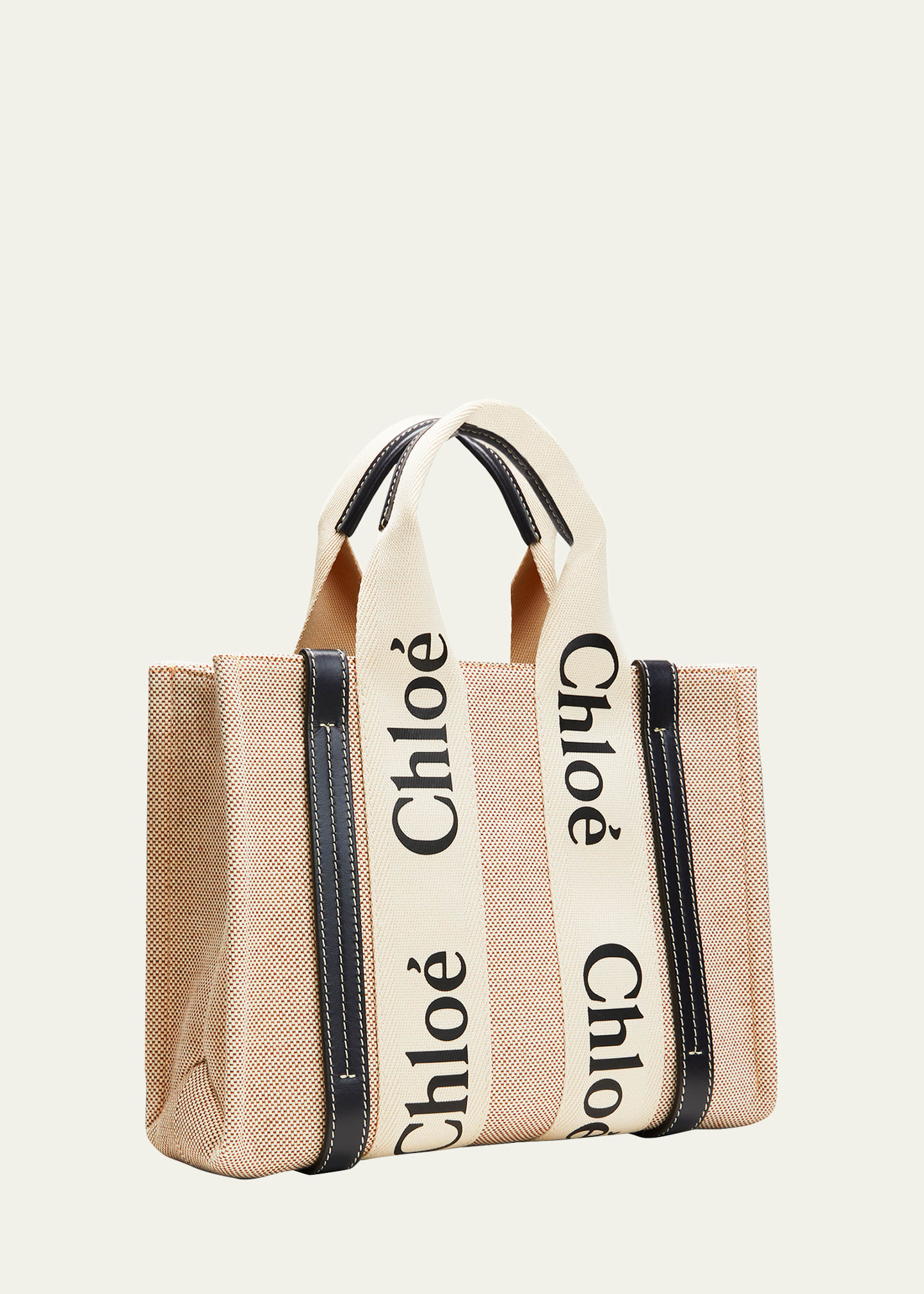 Chloe Woody Small Tote Bag in Linen with Crossbody Strap