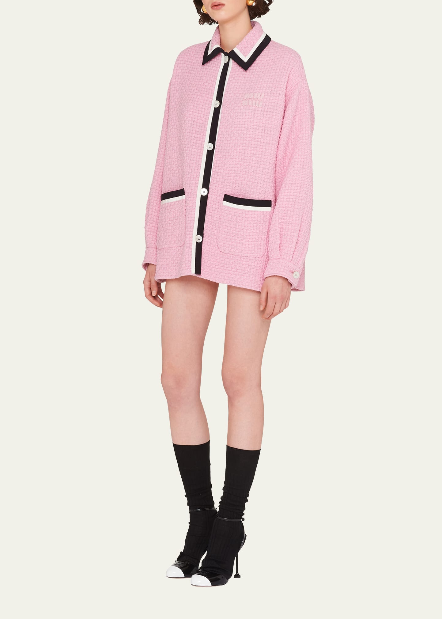 Miu Miu Logo-Embroidered Tweed Cardigan Jacket - Bergdorf Goodman