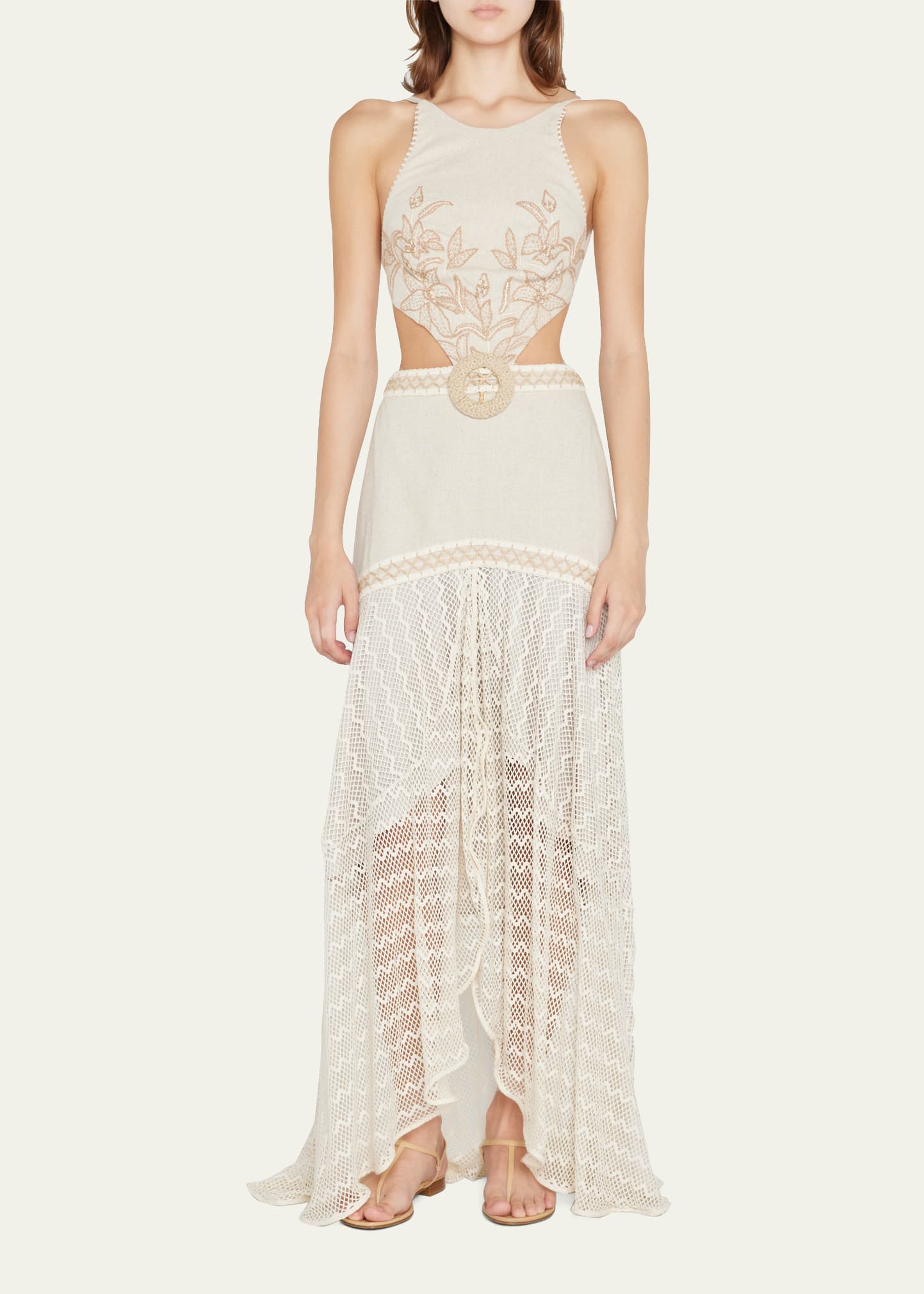 PatBO Embroidered Linen Lace-Trim Maxi Dress - Bergdorf Goodman