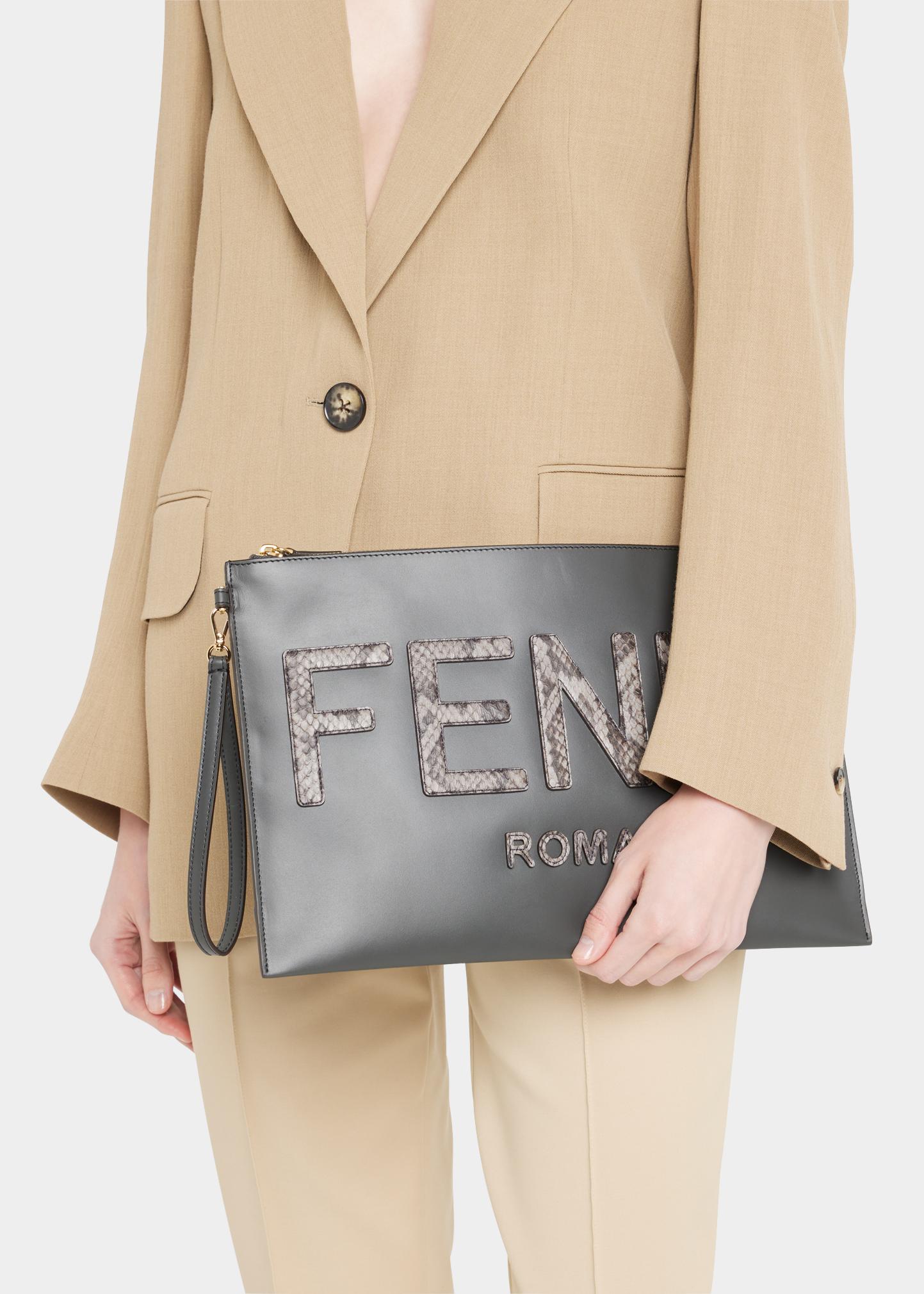 Fendi Large Logo Python-Embossed Pouch Clutch Bag - Bergdorf Goodman