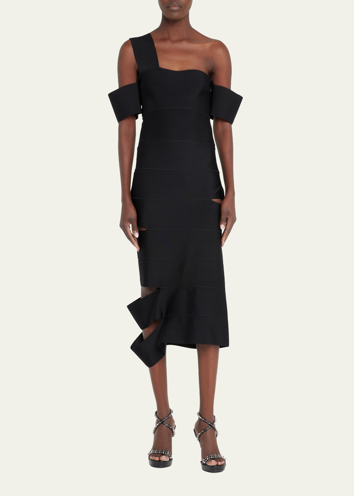 alexander mcqueen slash cutout one-shoulder bandage midi dress McQueen Slash Cutout One-Shoulder Bandage Midi Dress