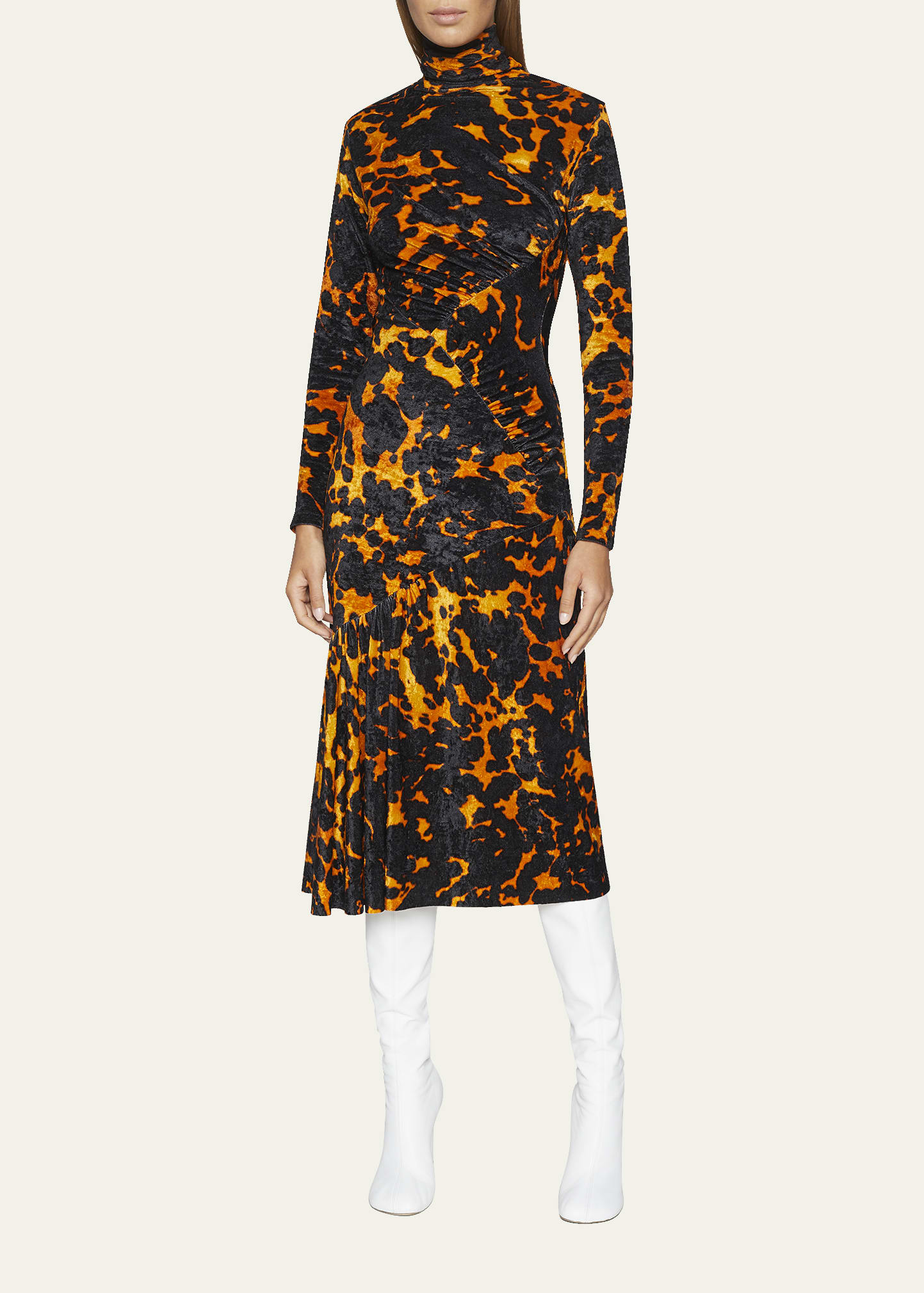 Dries Van Noten Henalis Tortoise Ruched Velvet Midi Dress