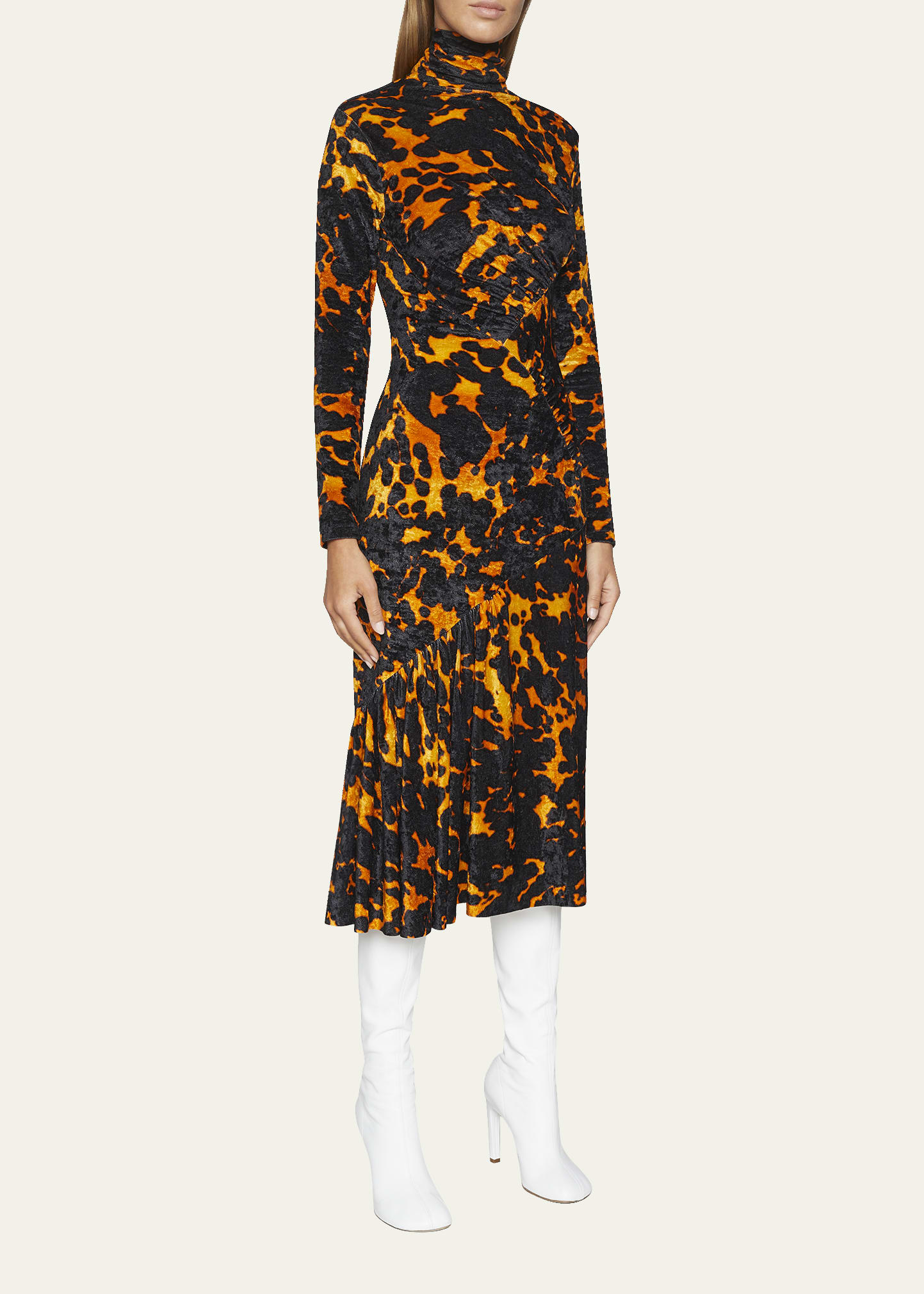 Dries Van Noten Henalis Tortoise Ruched Velvet Midi Dress