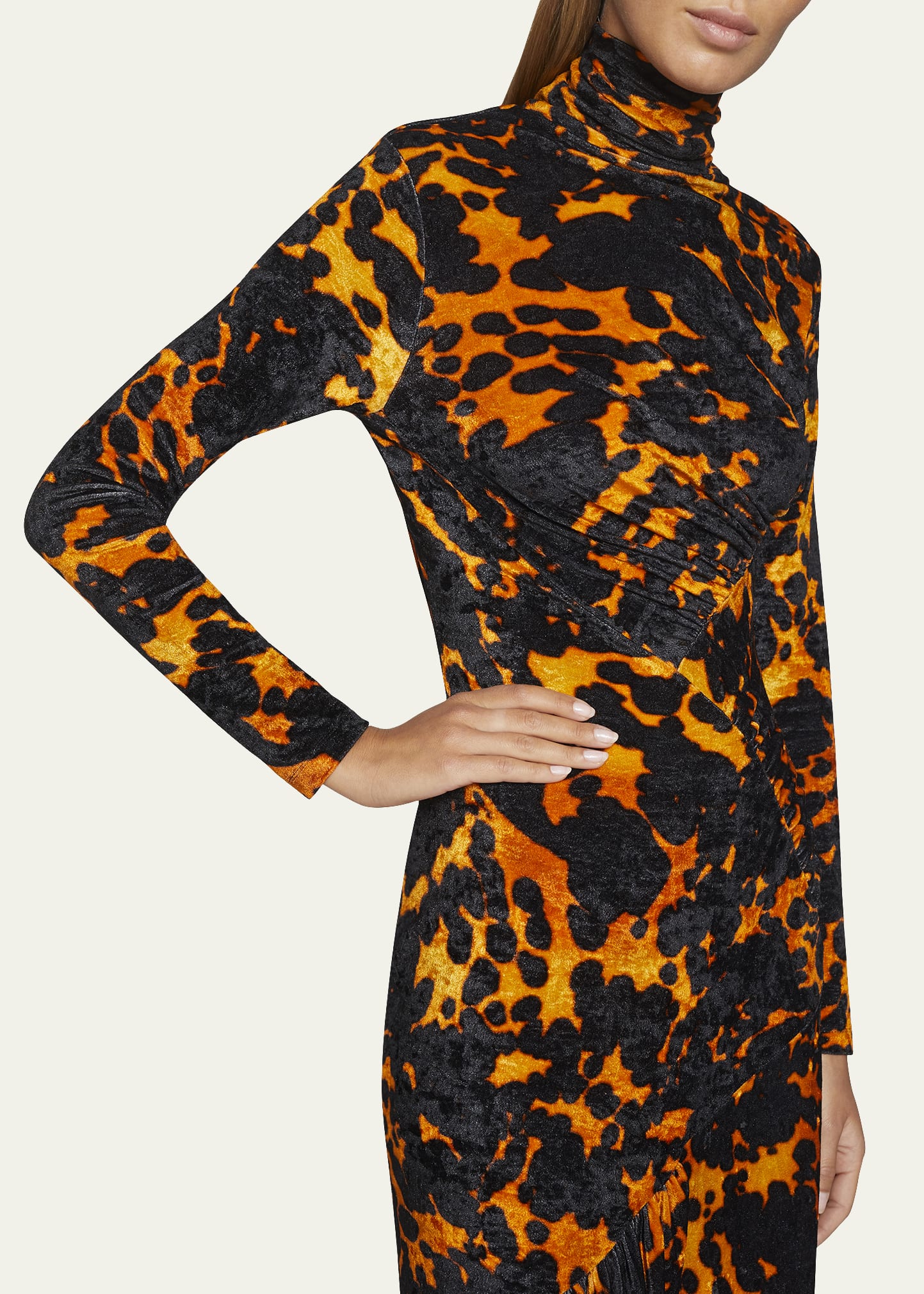 Dries Van Noten Henalis Tortoise Ruched Velvet Midi Dress