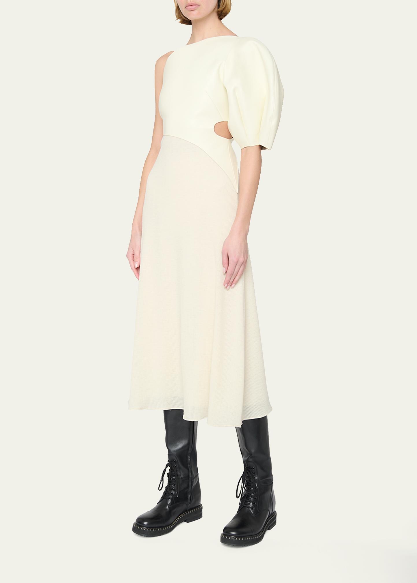 Chloe Leather Cutout One-Shoulder Rib Wool Jersey Midi Dress