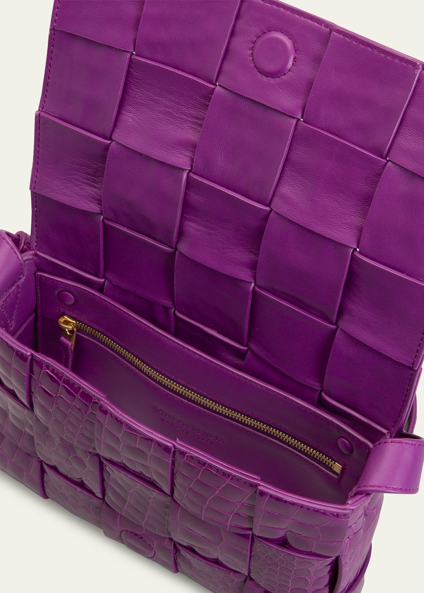 Bottega Veneta Cassette Intrecciato Glossy Croc-Embossed Crossbody