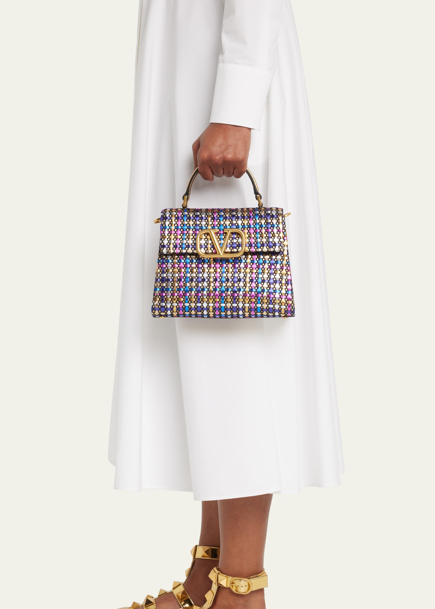 Valentino Garavani VSLING Small Metallic Woven Top-Handle Bag