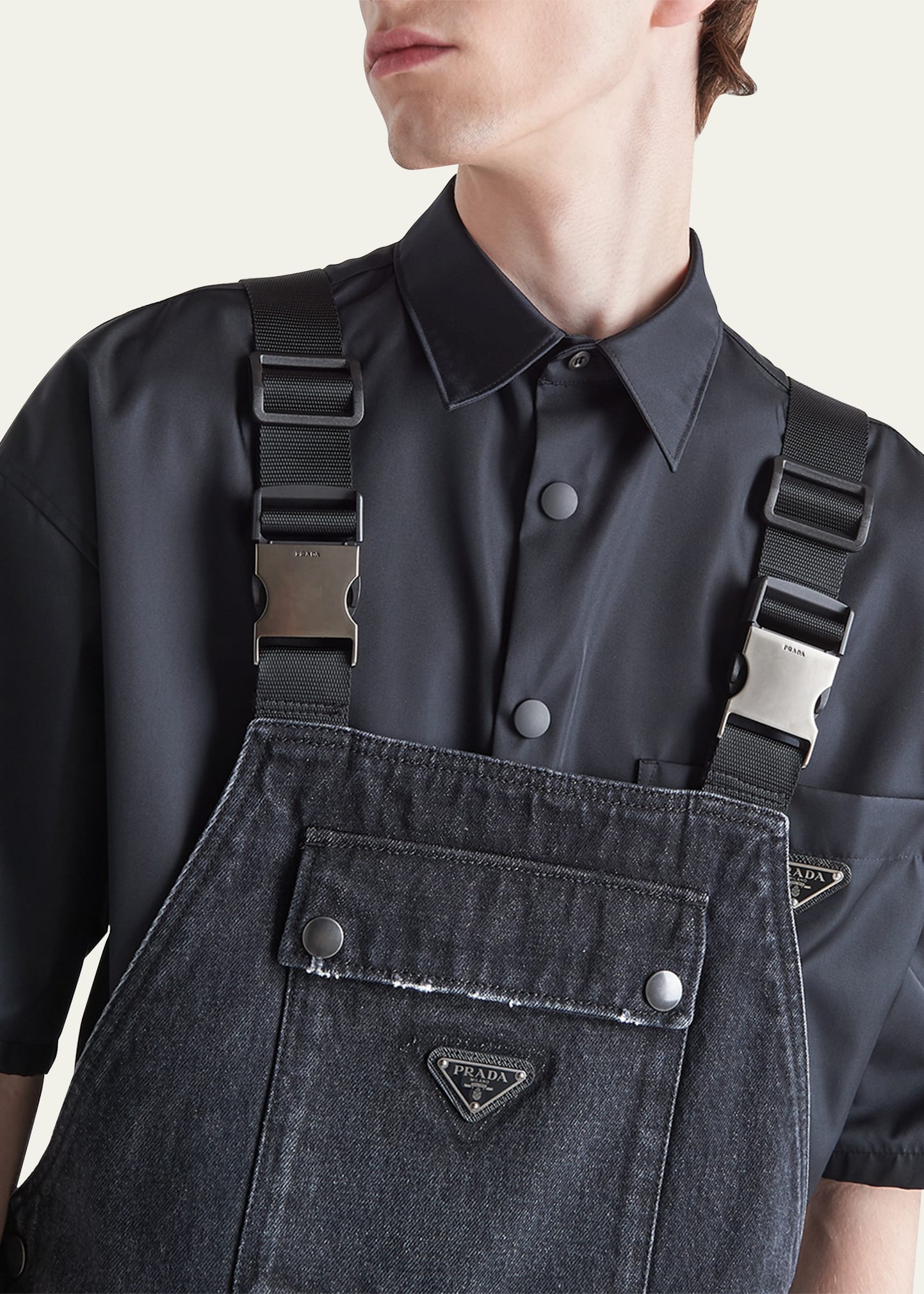 Prada Men's Triangle Logo Washed Denim Overalls - Bergdorf Goodman