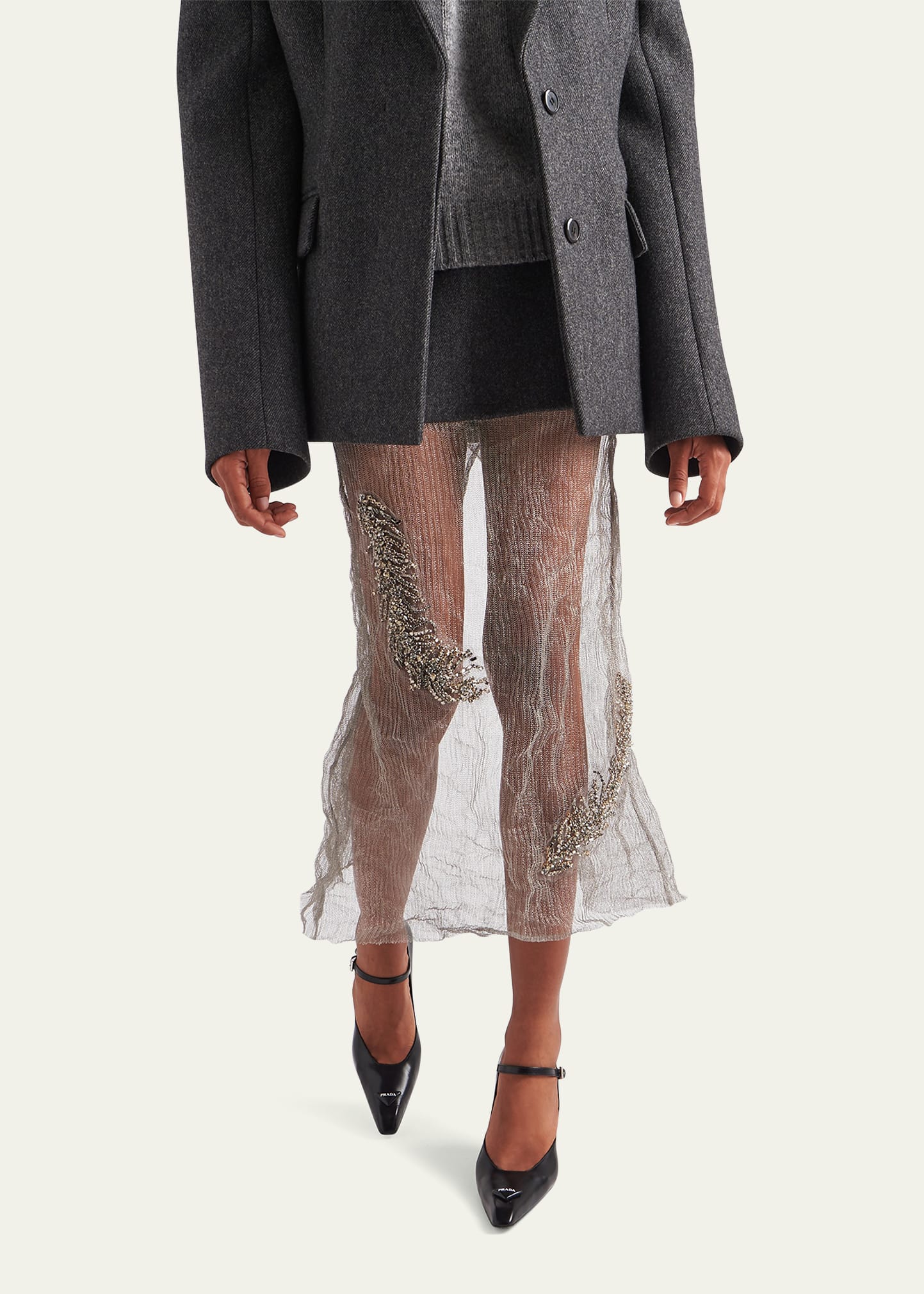 Prada Feather-Embellished Mesh Wool Midi Skirt - Bergdorf
