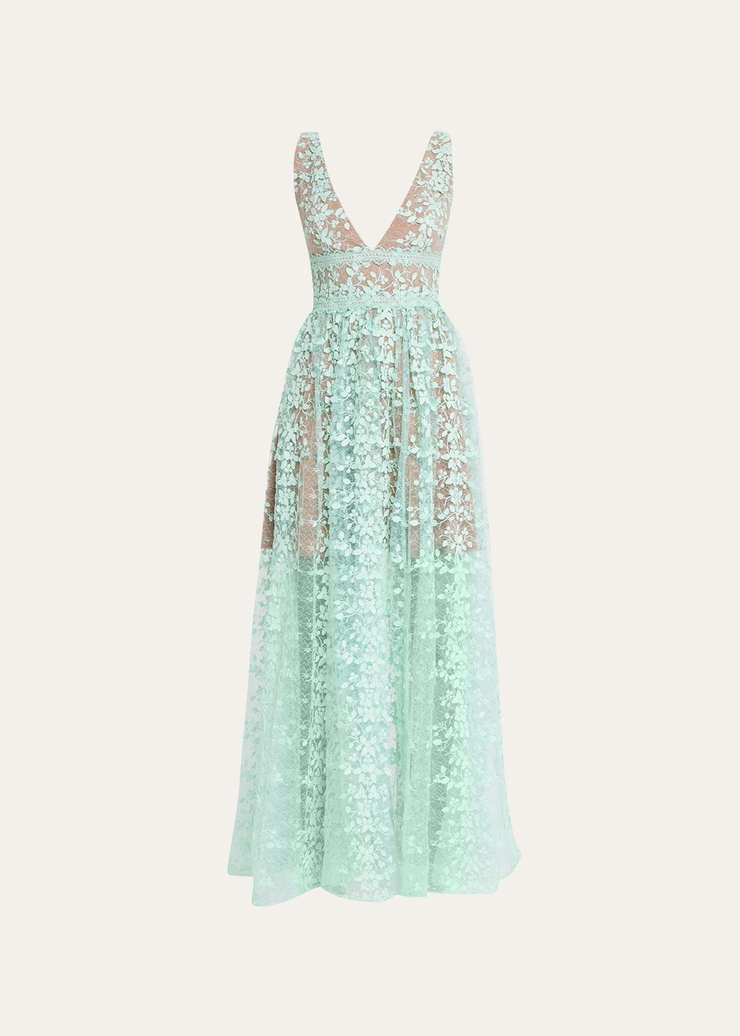 Bronx and Banco Megan Deep V-Neck Floral Applique Lace Gown - Bergdorf  Goodman