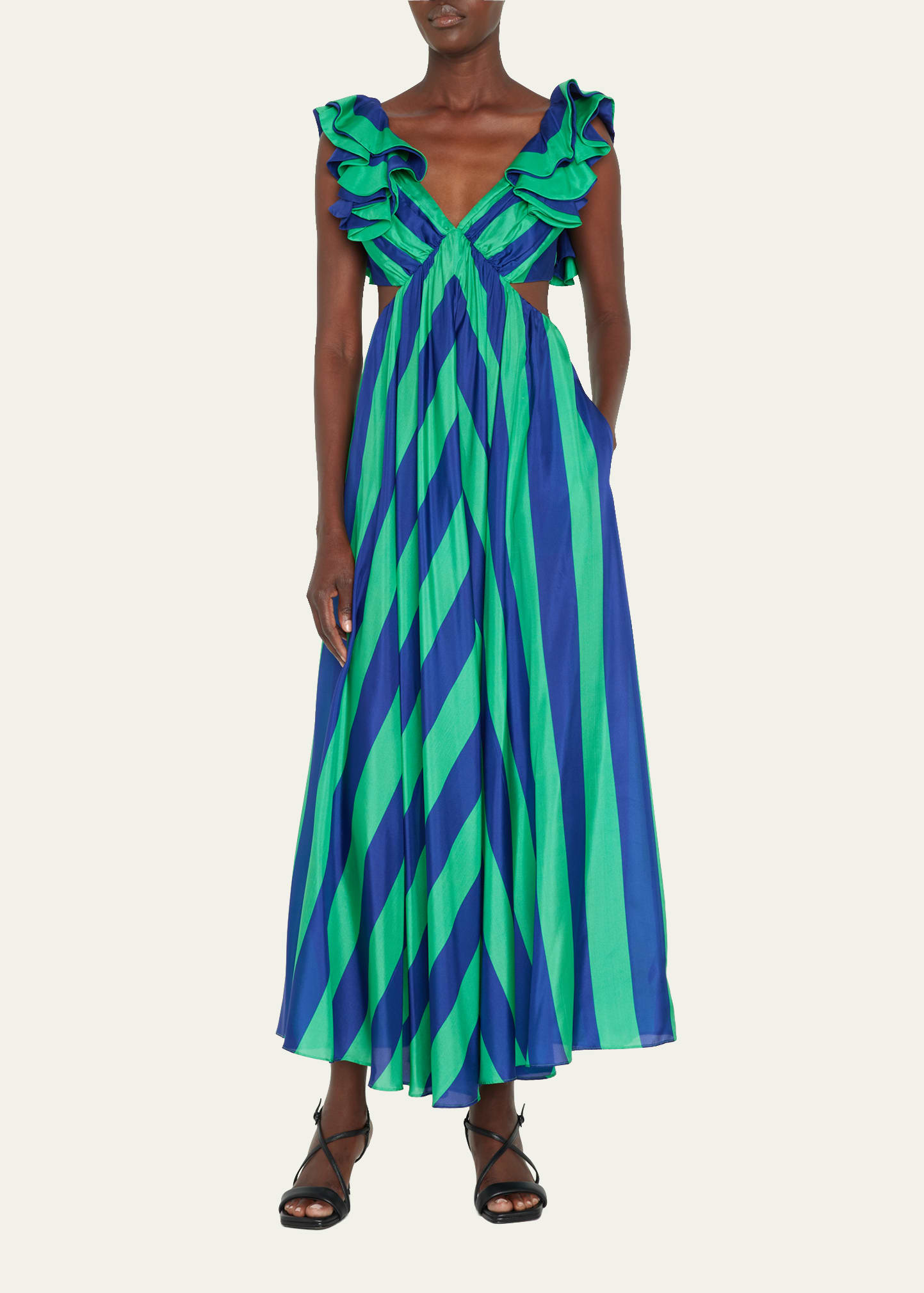 Zimmermann Tiggy Striped Frill-Shoulder Maxi Dress