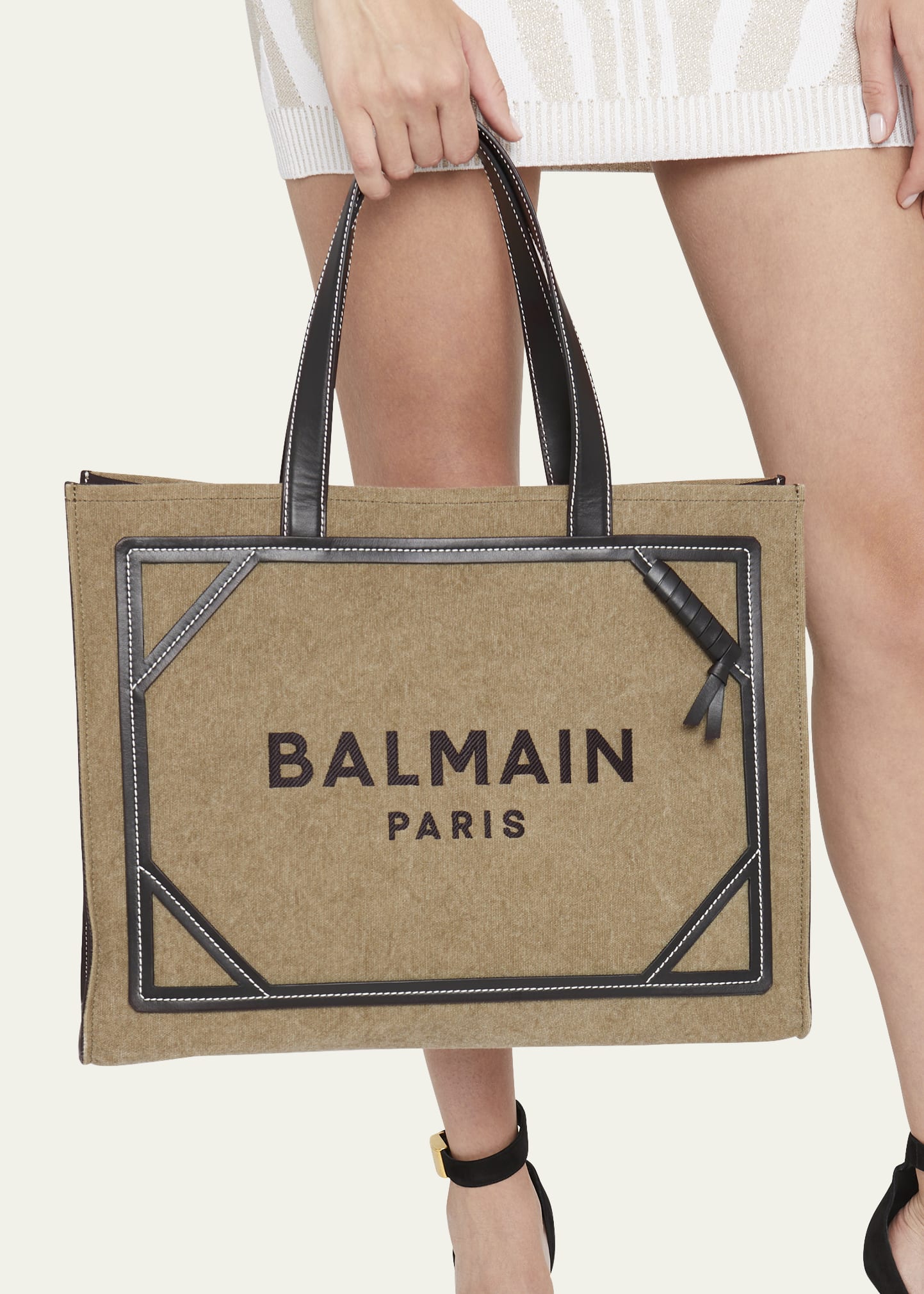 Balmain B Army Medium Shopper Tote Bag in Canvas with Leather