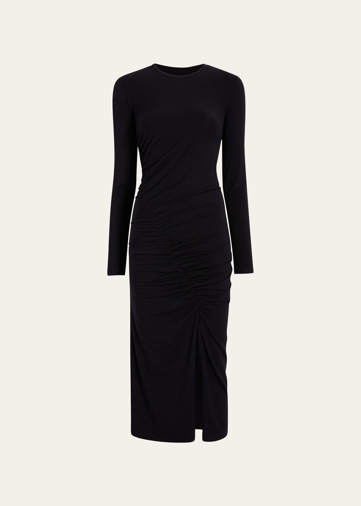 knee length dresses for ladies VEDA ROUND NECK MESH LONG SLEEVE RUCHED MIDI DRESS