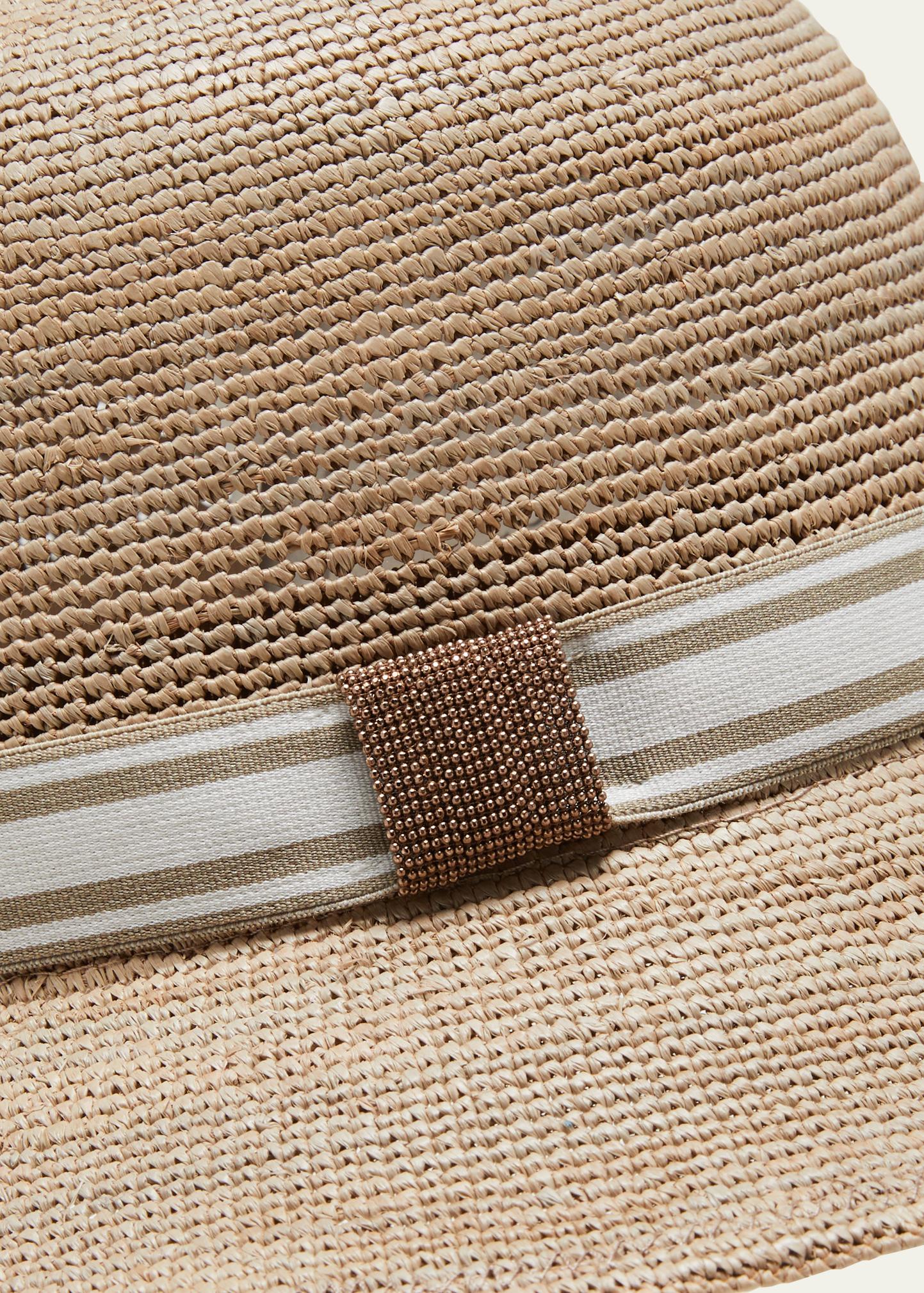 Brunello Cucinelli Natural Raffia Monili&Grosgrian Fedora &hat box.Brand New BRUNELLO CUCINELLI Embellished ribbon-trimmed straw hat  main image 3