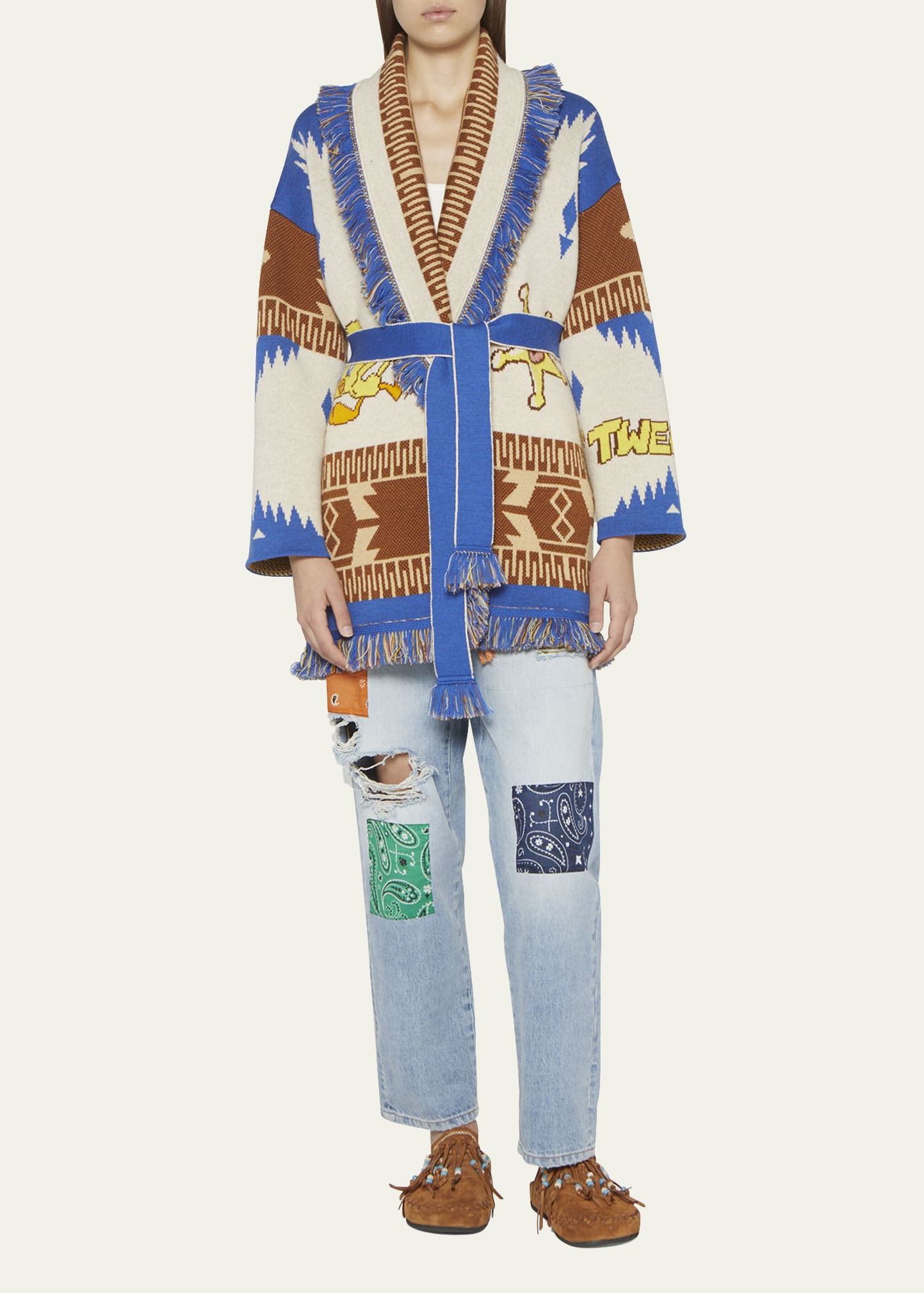 Alanui Tweety Cowboy Icon Jacquard Belted Wool Cardigan - Bergdorf