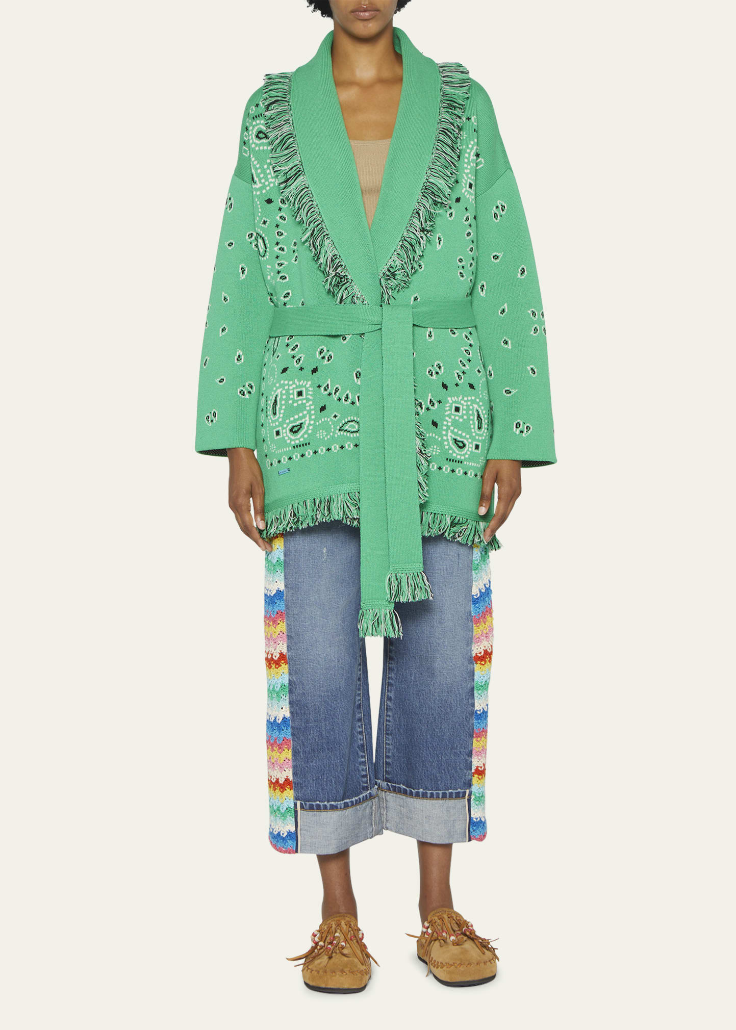 Alanui Jacquard Bandana Fringe Belted Cardigan - Bergdorf Goodman