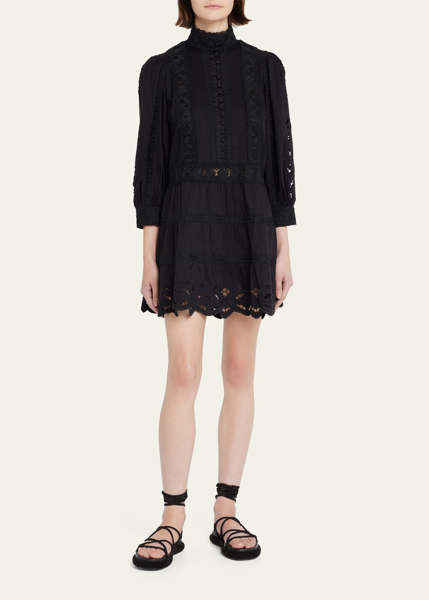 ALICE + OLIVIA Clark Mandarin-Collar Tiered Lace Mini Dress
