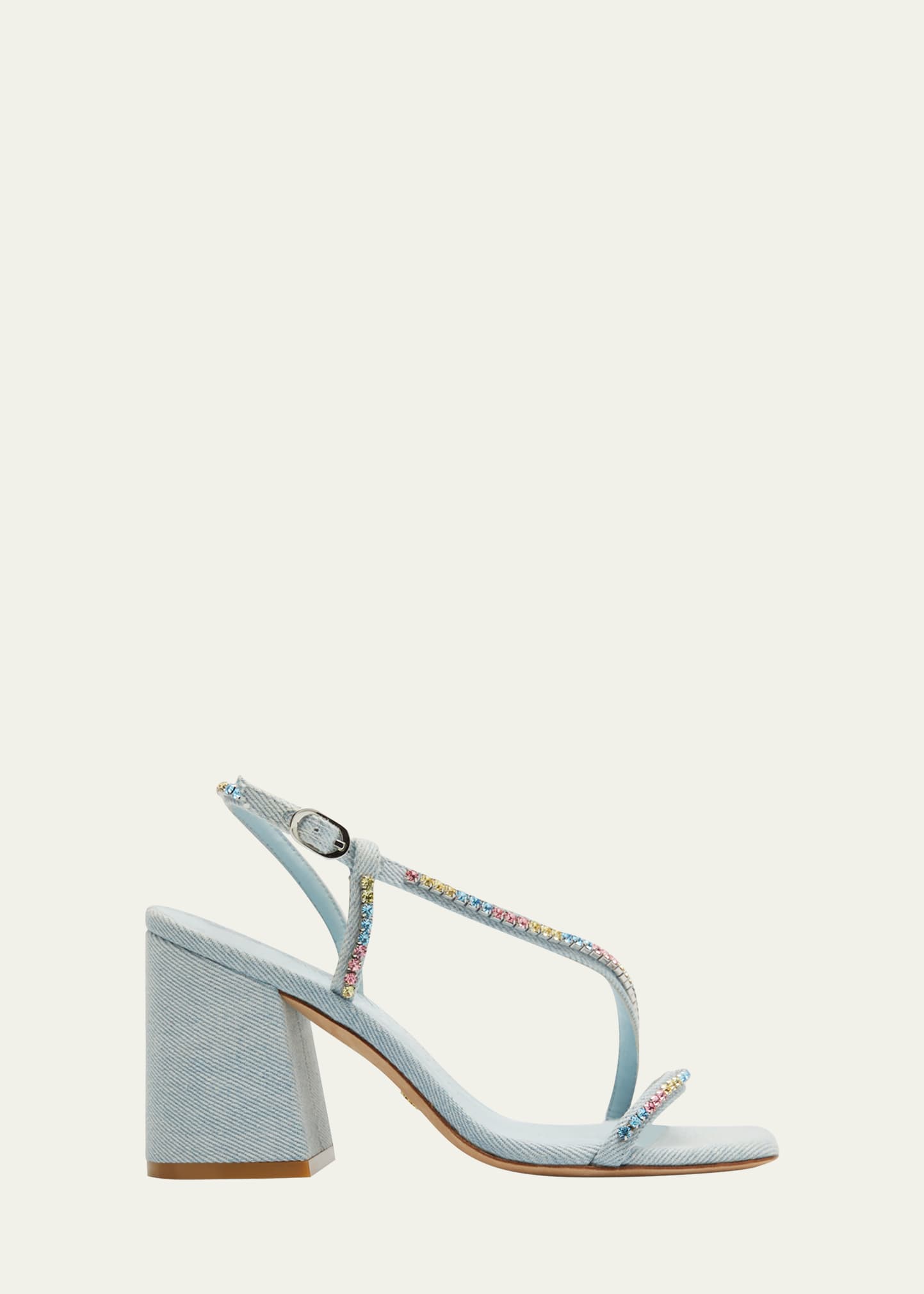 Stuart Weitzman Soiree Denim Block Sandal w/ Crystal Detail 