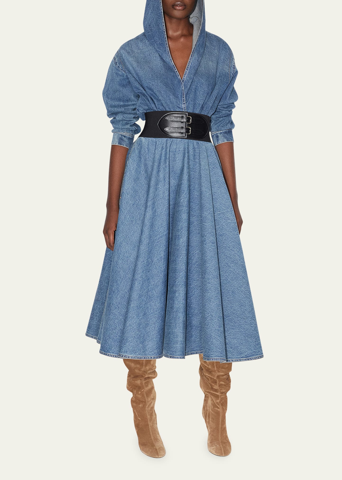 alaia belted denim midi wrap dress AlaA Belted Midi Wrap Dress - Denim