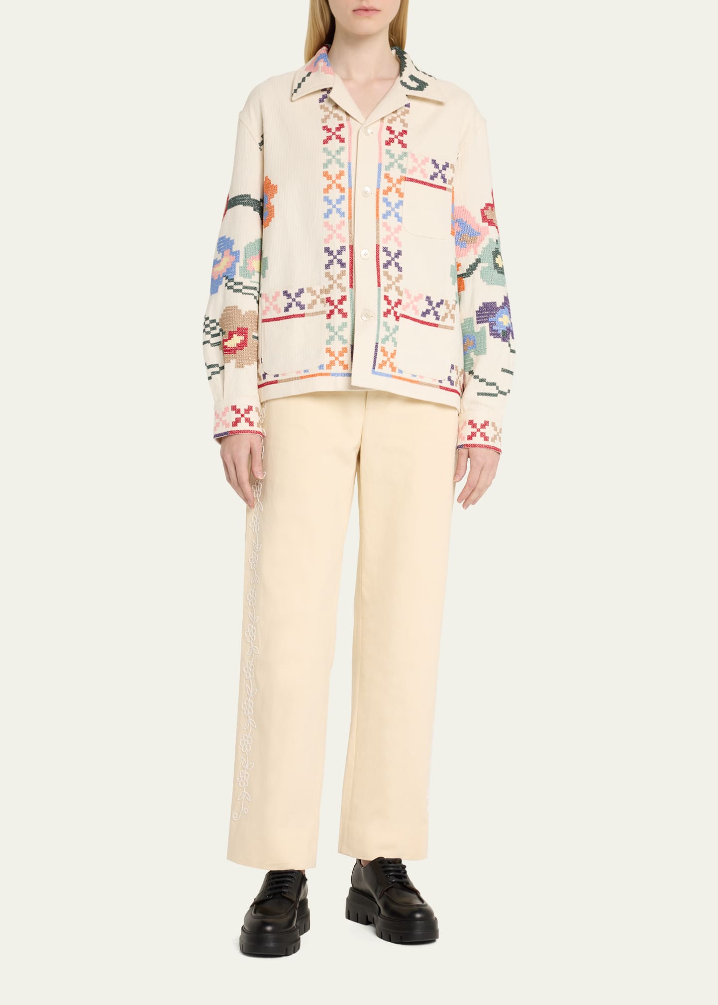 Bode Prisma Cross-Stitch Boxy Overshirt - Bergdorf Goodman