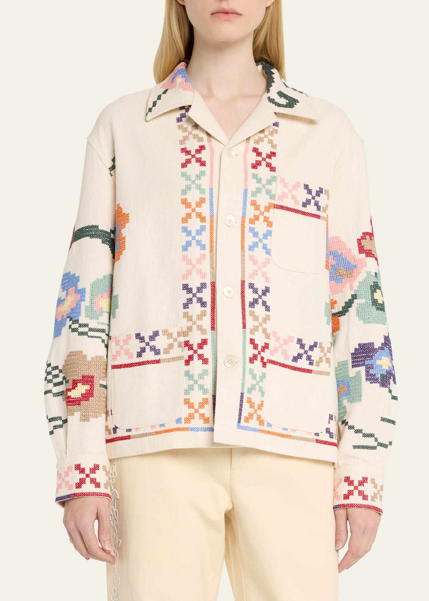 Bode Prisma Cross-Stitch Boxy Overshirt - Bergdorf Goodman