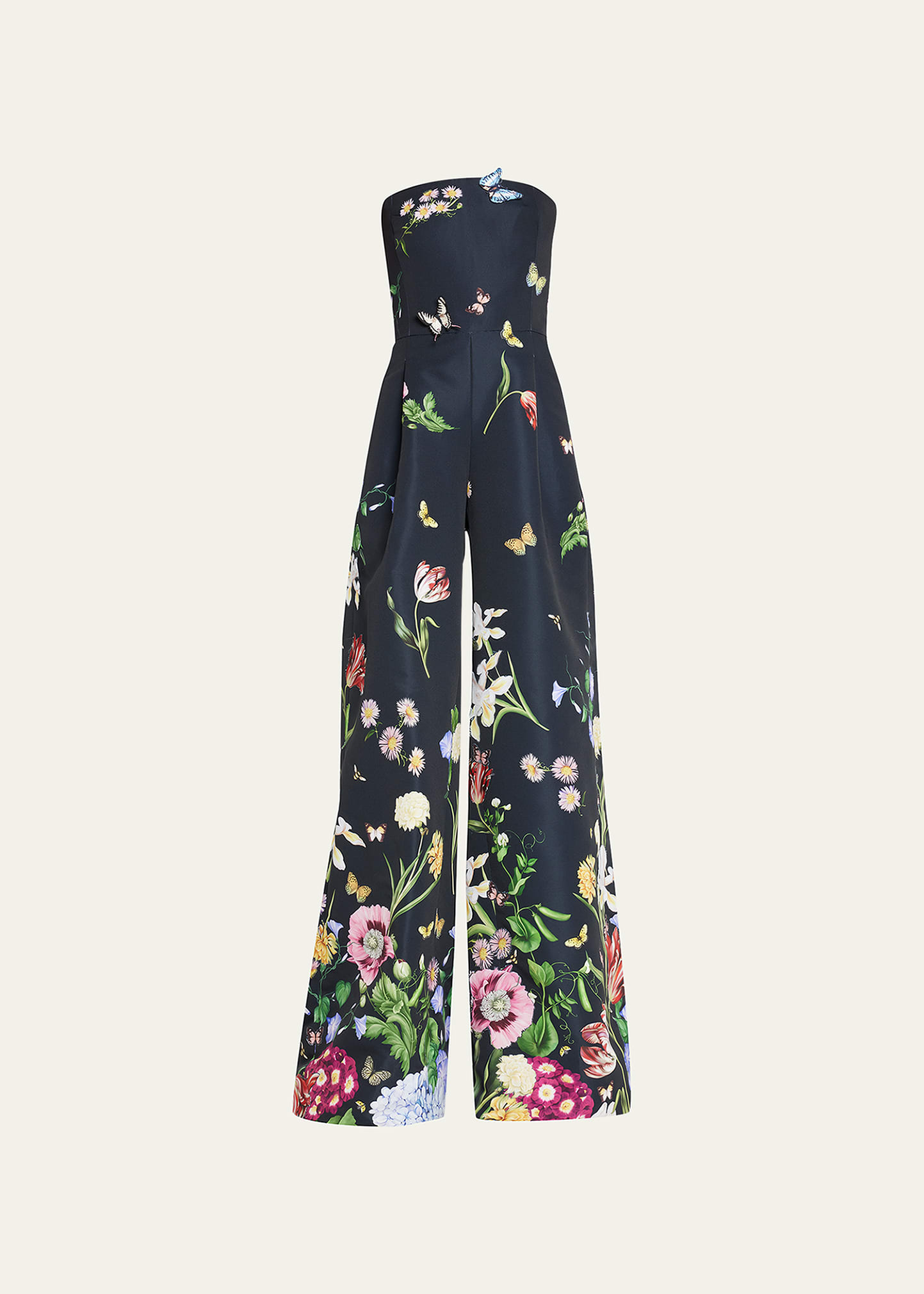 Oscar de la Renta Floral-Embroidered Strapless Faille Jumpsuit  display picture 1