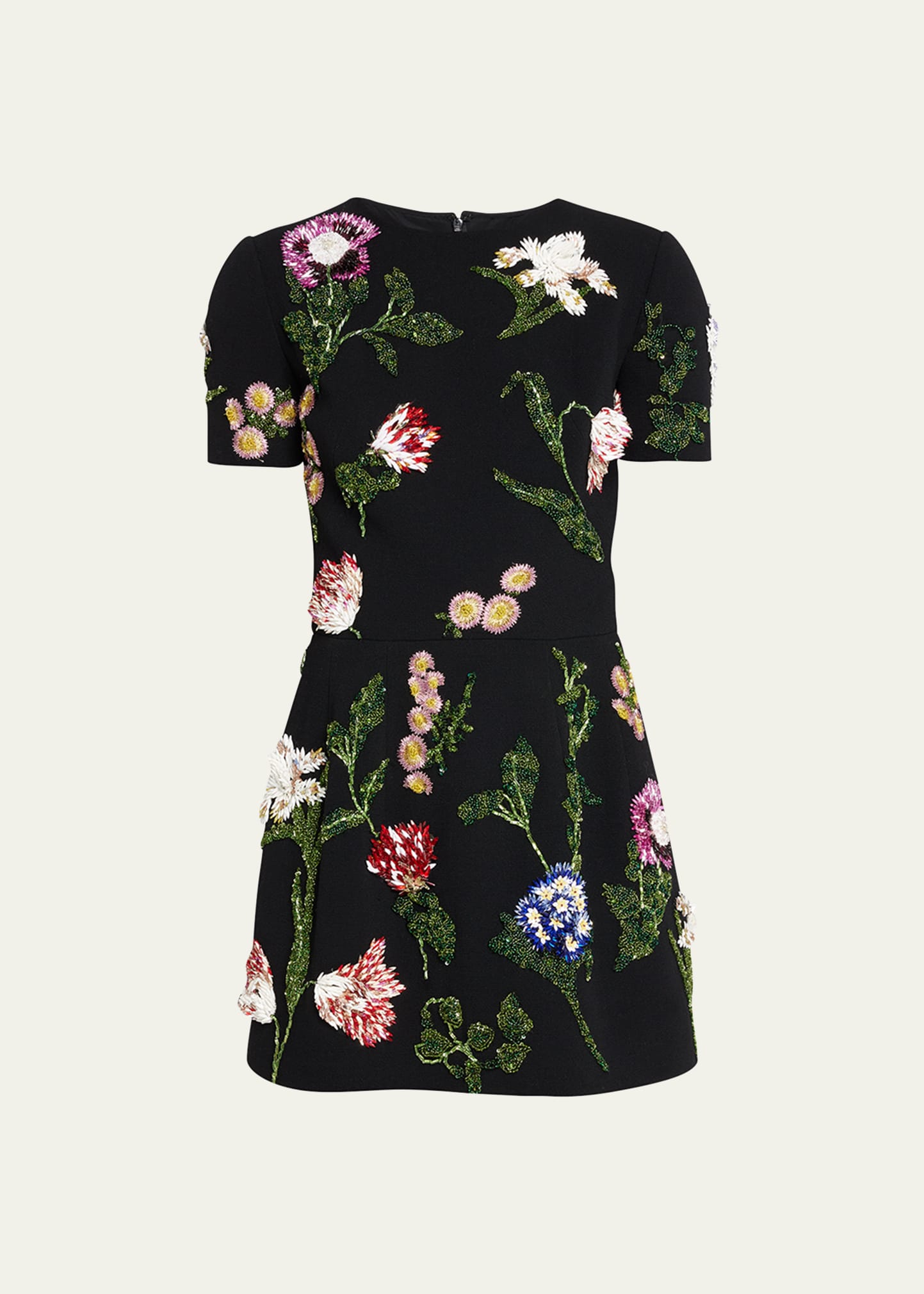 Oscar de la Renta Crystal Floral-Embroidered Wool Mini Dress