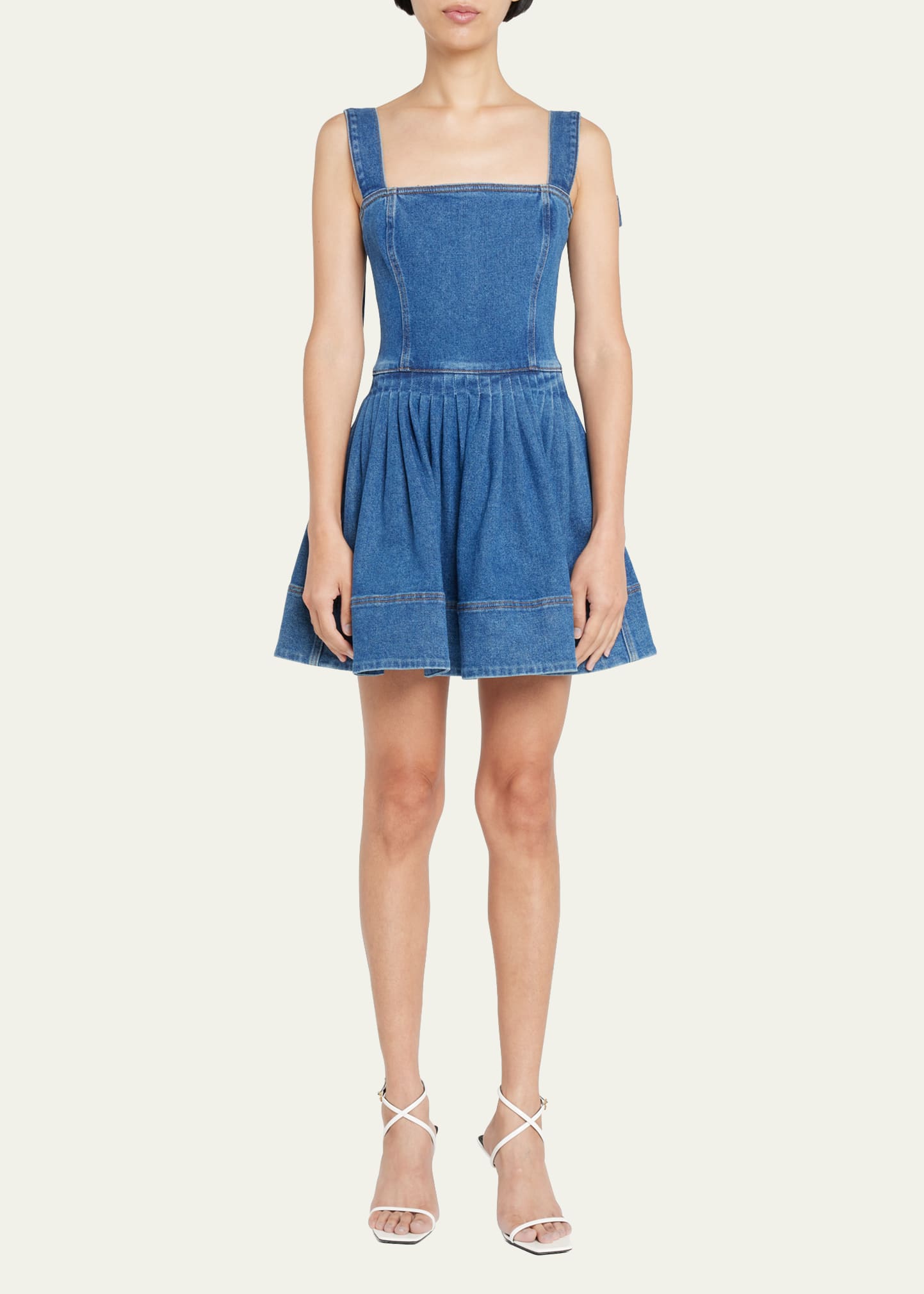 Oscar de la Renta Square-Neck Pleated Bow-Shoulder Denim Mini Dress -  Bergdorf Goodman
