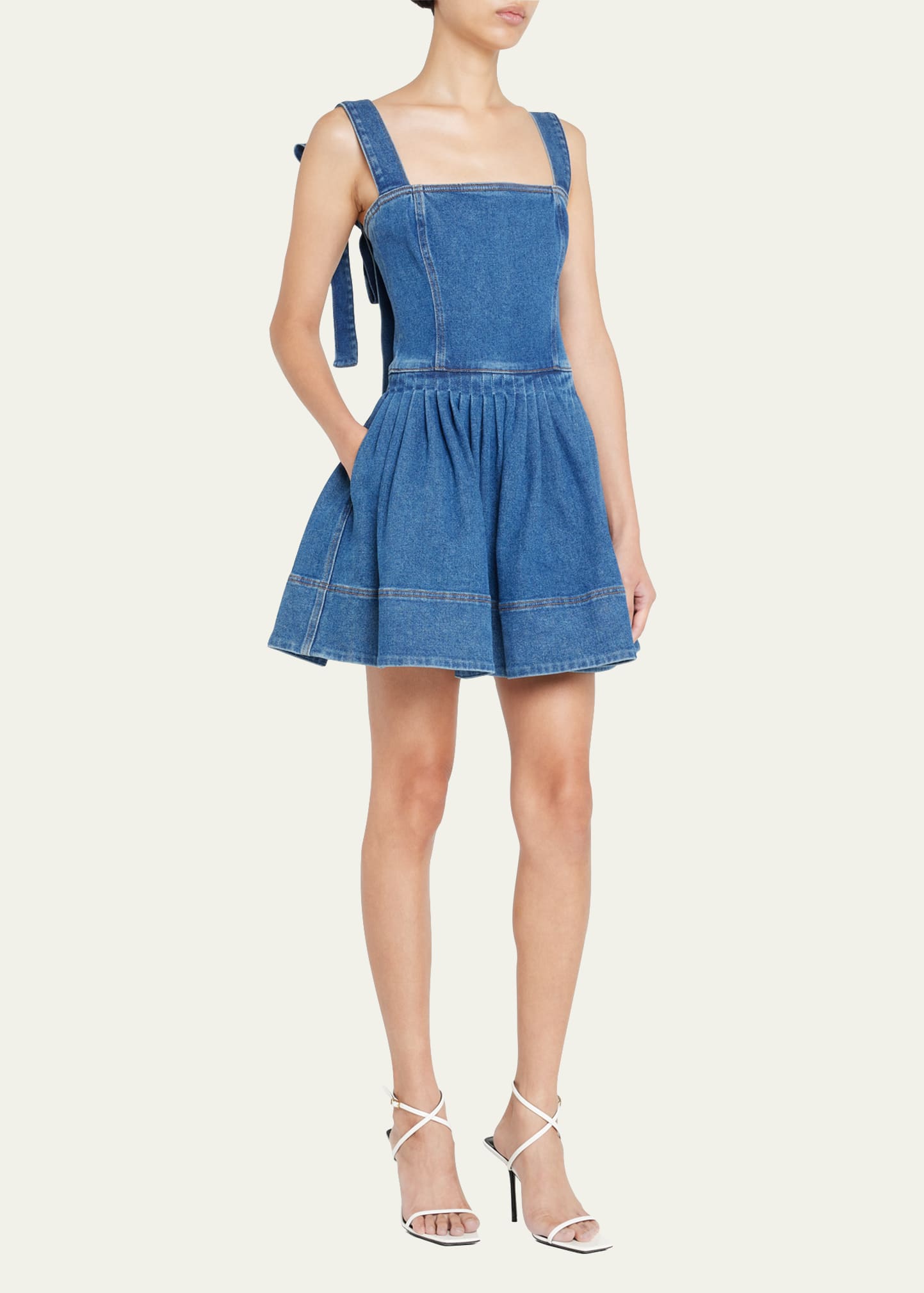 Oscar de la Renta Square-Neck Pleated Bow-Shoulder Denim Mini Dress -  Bergdorf Goodman