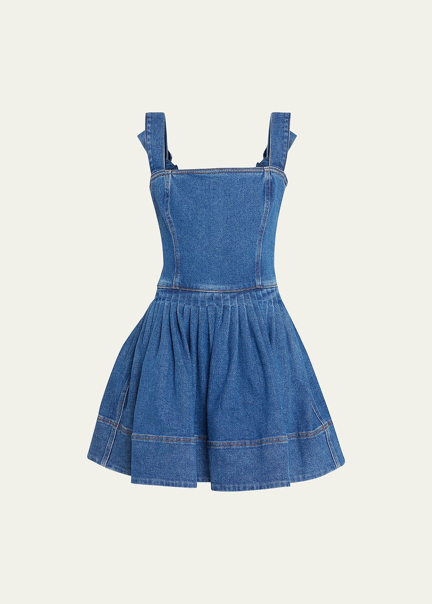 Oscar de la Renta Square-Neck Pleated Bow-Shoulder Denim