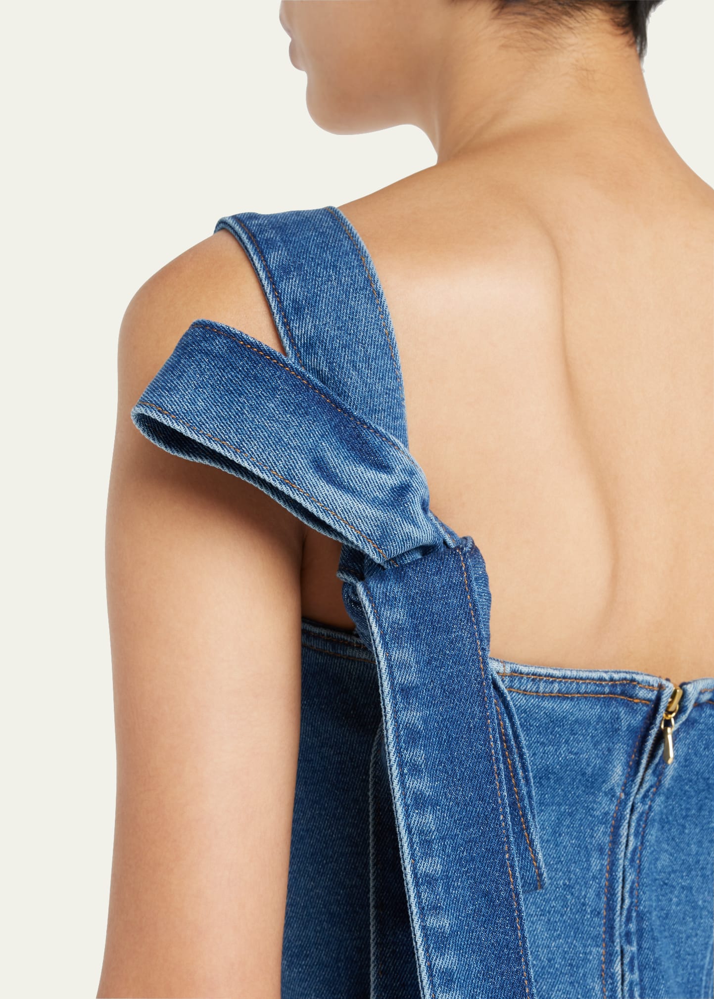 Oscar de la Renta Square-Neck Pleated Bow-Shoulder Denim Mini Dress -  Bergdorf Goodman