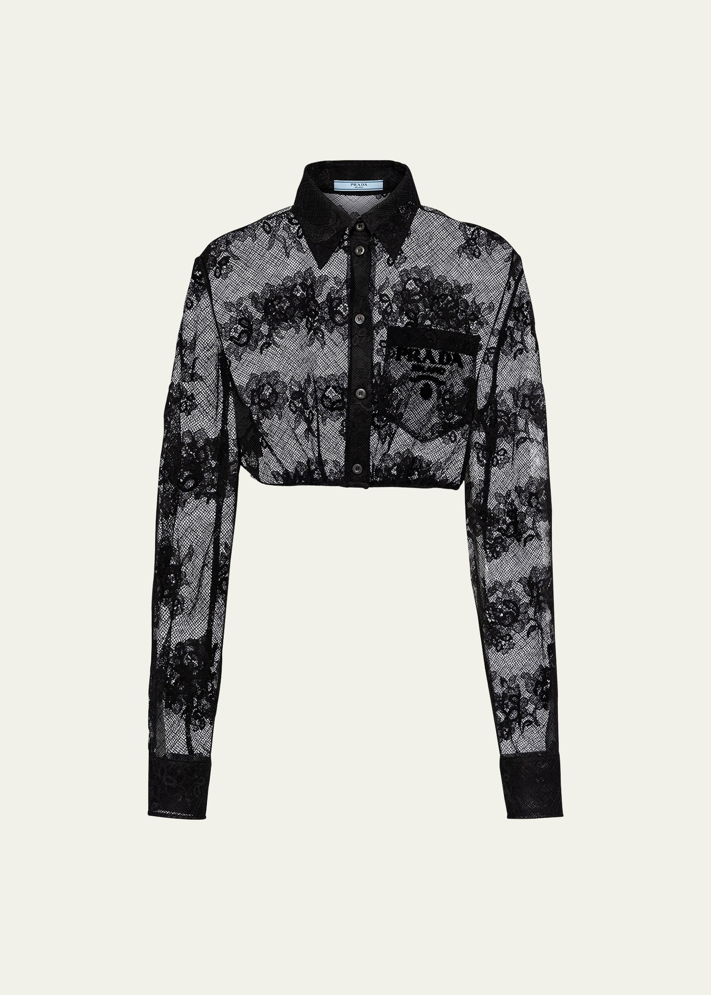 Prada Floral Lace Flocked Logo Crop Blouse - Bergdorf Goodman