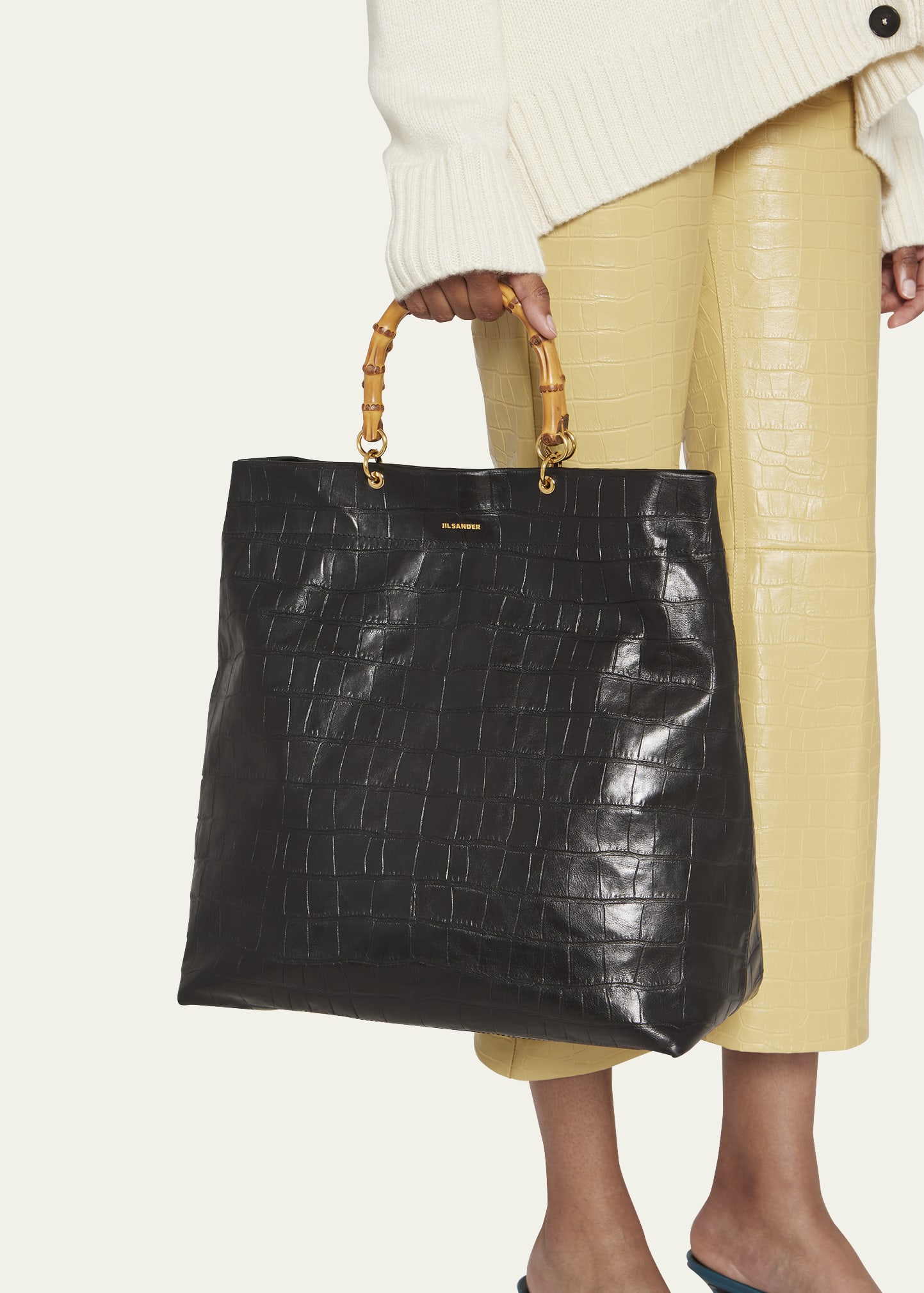 Jil Sander Croc-Embossed Leather & Bamboo Tote Bag - Bergdorf Goodman