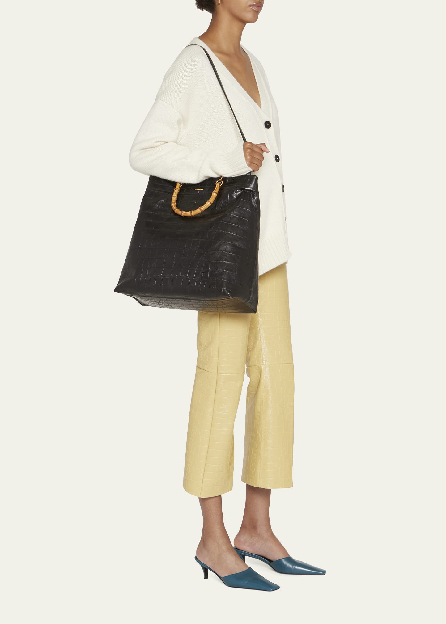 Jil Sander Croc-Embossed Leather & Bamboo Tote Bag - Bergdorf Goodman