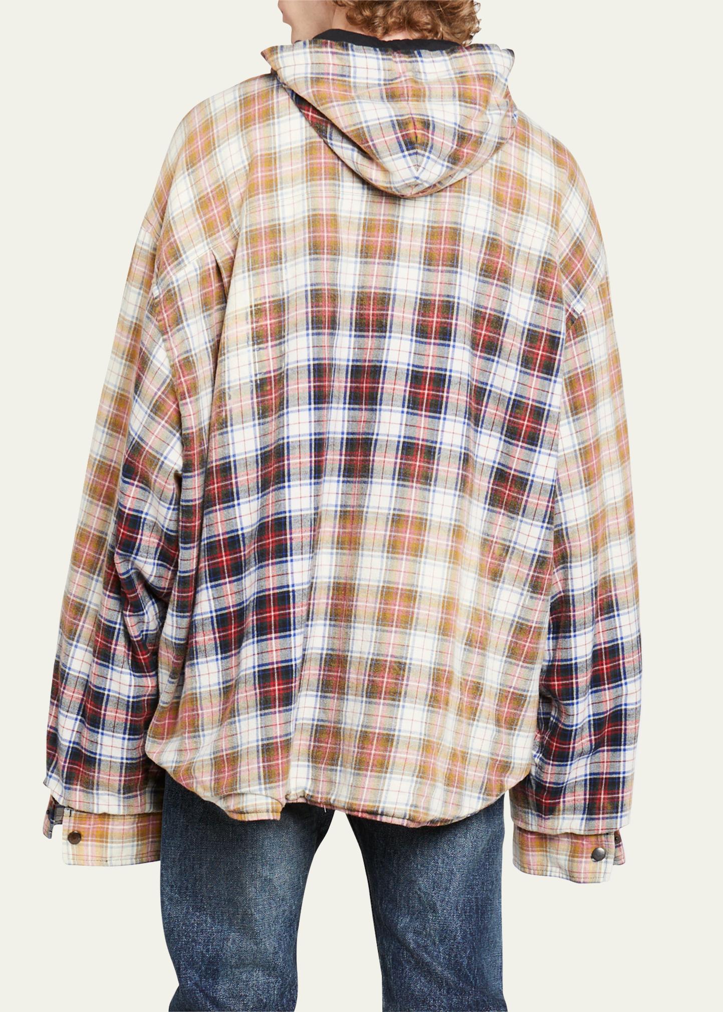 Balenciaga Men's Bleached Flannel Shirt Jacket w/ Hood - Bergdorf