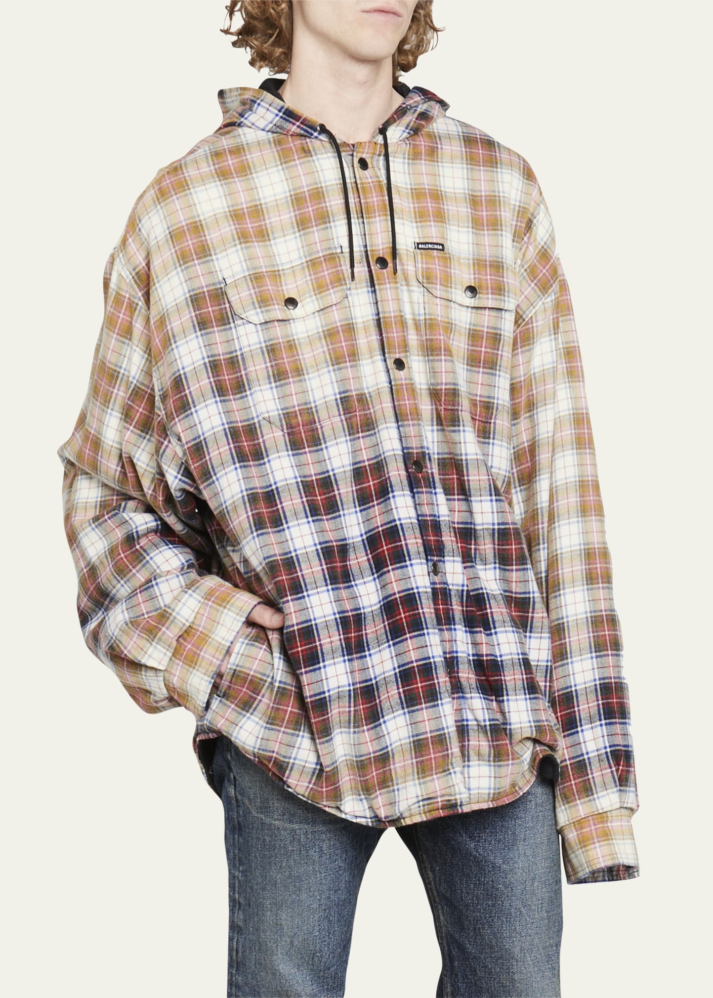 Balenciaga Men's Bleached Flannel Shirt Jacket w/ Hood - Bergdorf