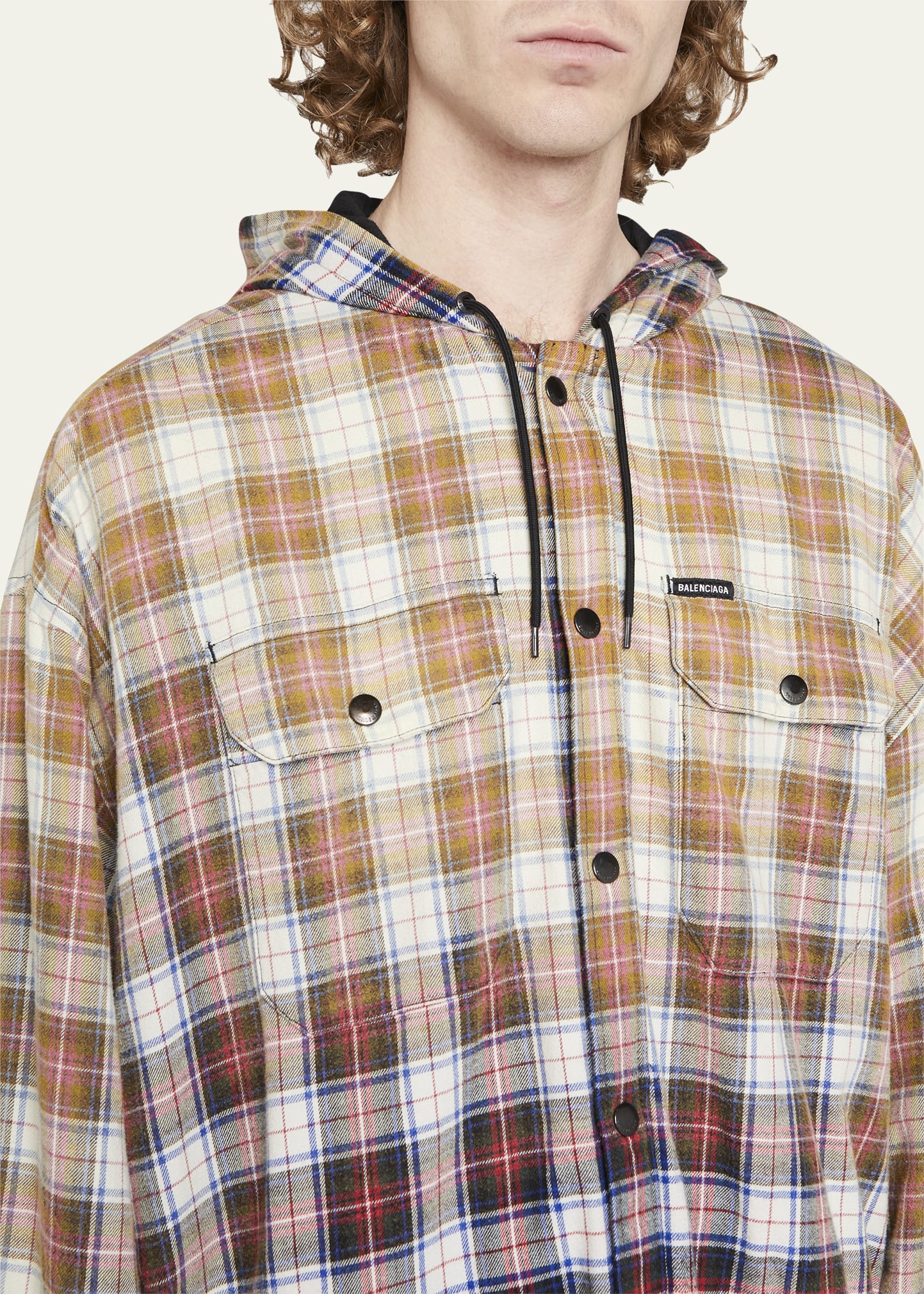 Balenciaga Men's Bleached Flannel Shirt Jacket w/ Hood - Bergdorf