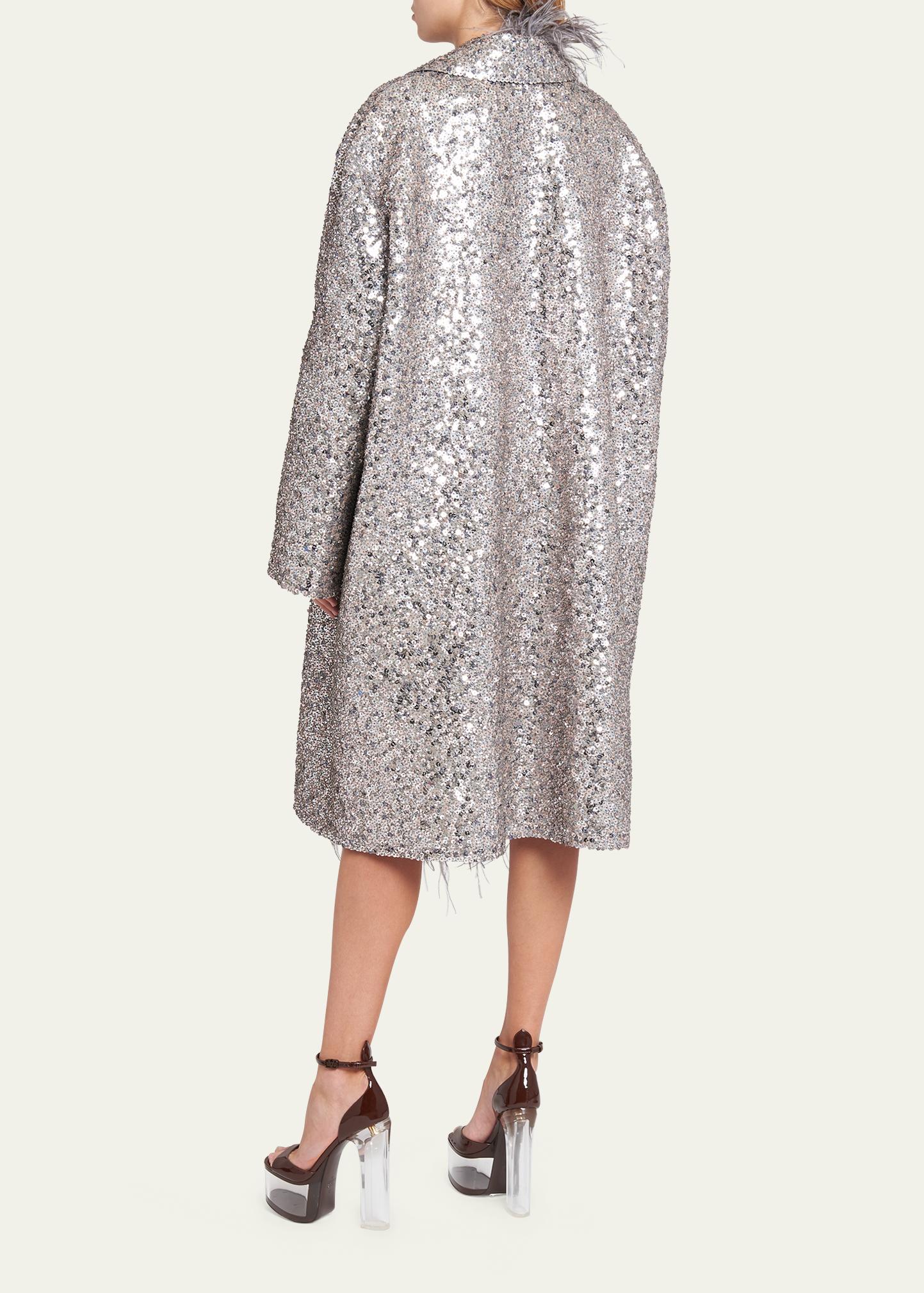 Valentino Garavani Sequin Embroidered Long Coat with Feather Trim