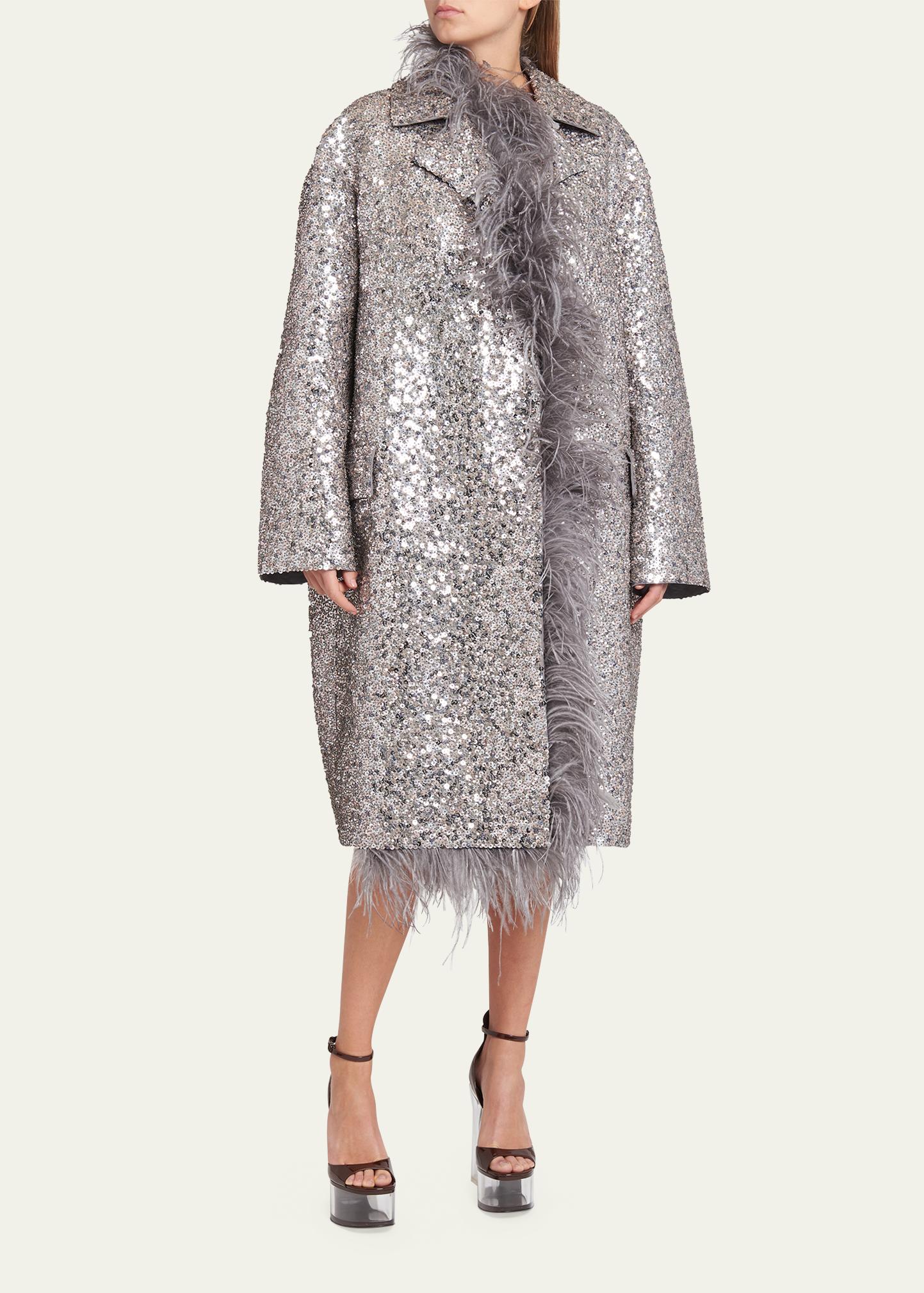 Valentino Garavani Sequin Embroidered Long Coat with Feather Trim