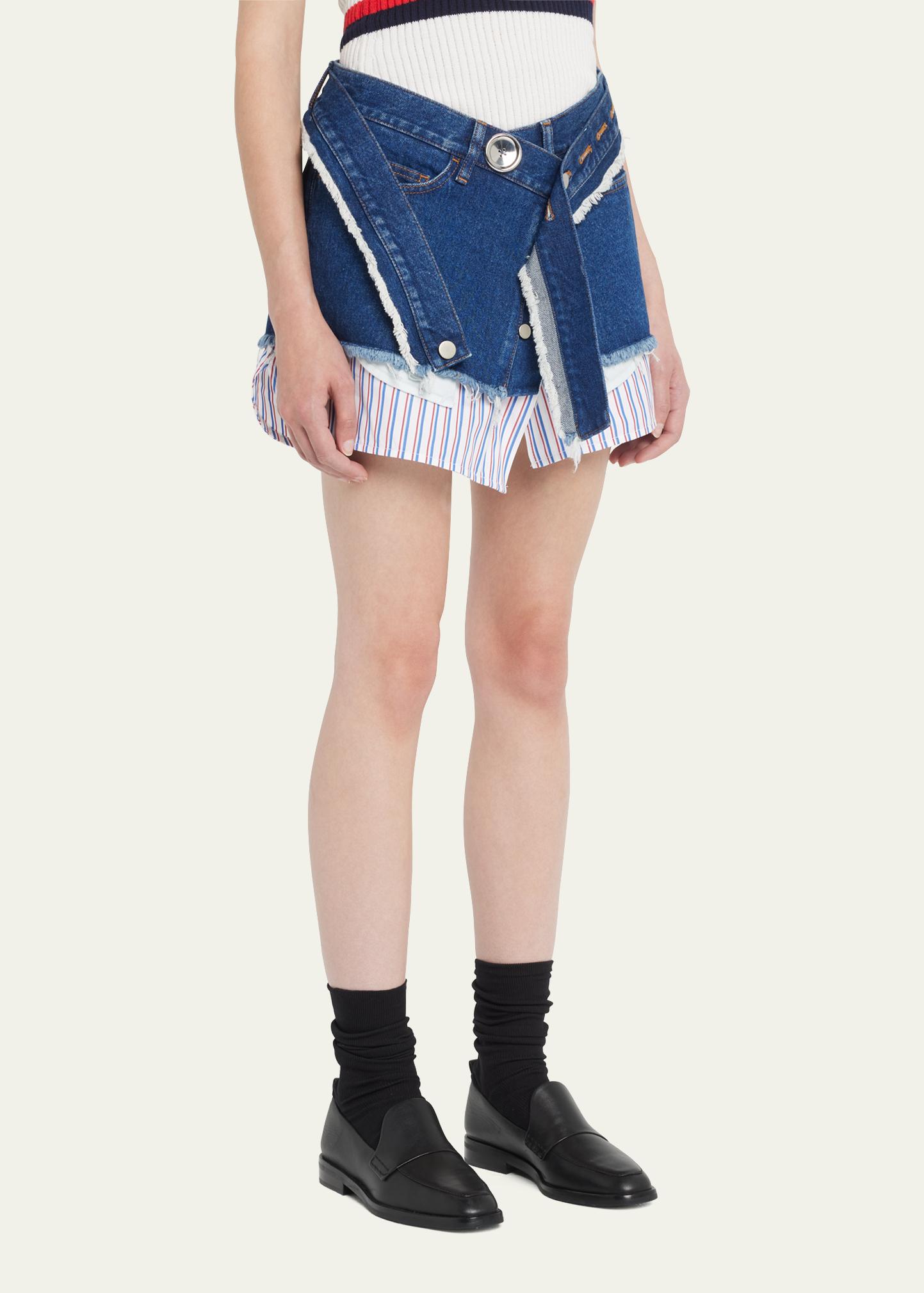 MERYLL ROGGE Denim Wrap Mini Skirt with Shirting - Bergdorf Goodman