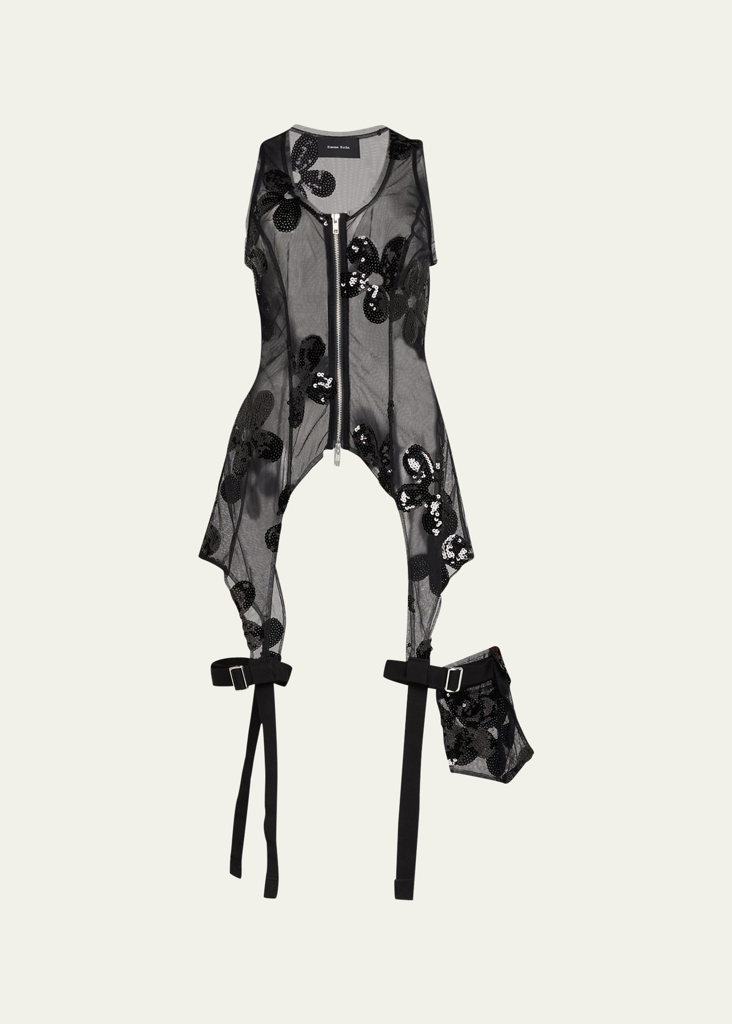 Simone Rocha Flower-Sequin Zip-Front Mesh Bodysuit With Suspender-Straps