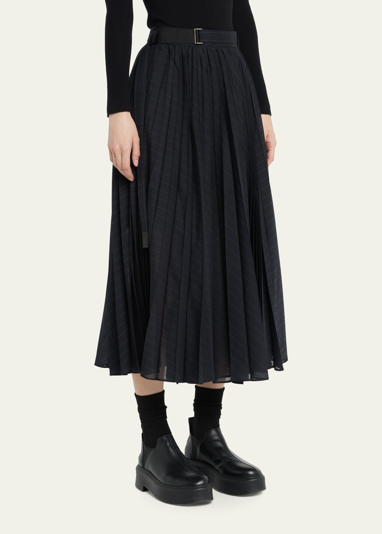 SACAI Chalk Stripe Pleated Midi Skirt - Bergdorf Goodman