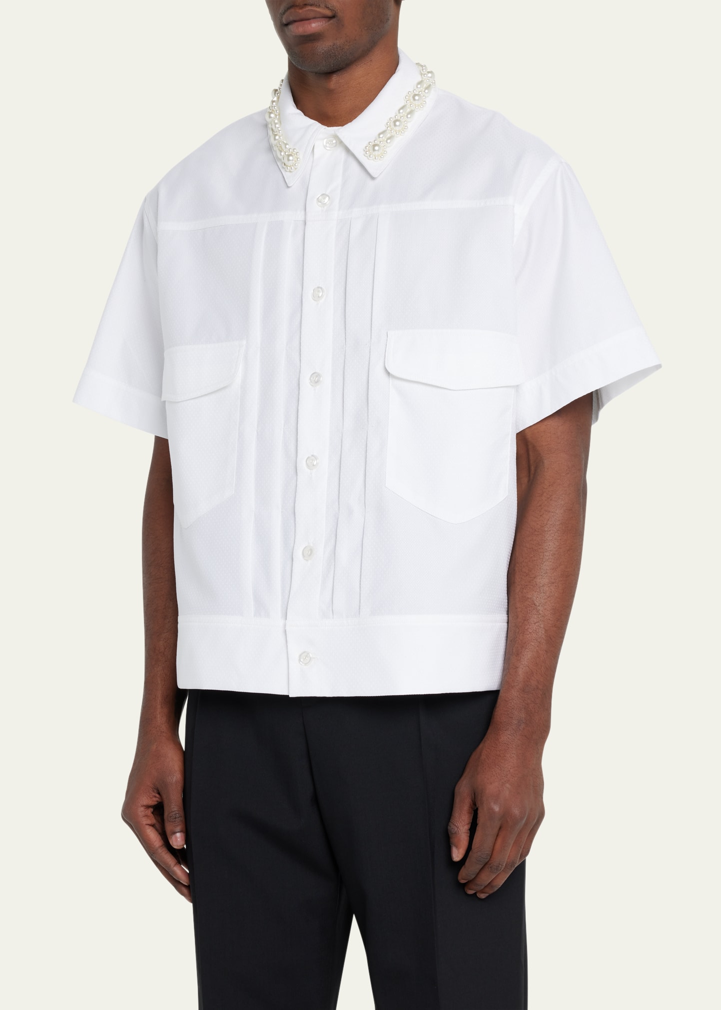 Simone Rocha Men's Pleated Shirt with Embellished Collar