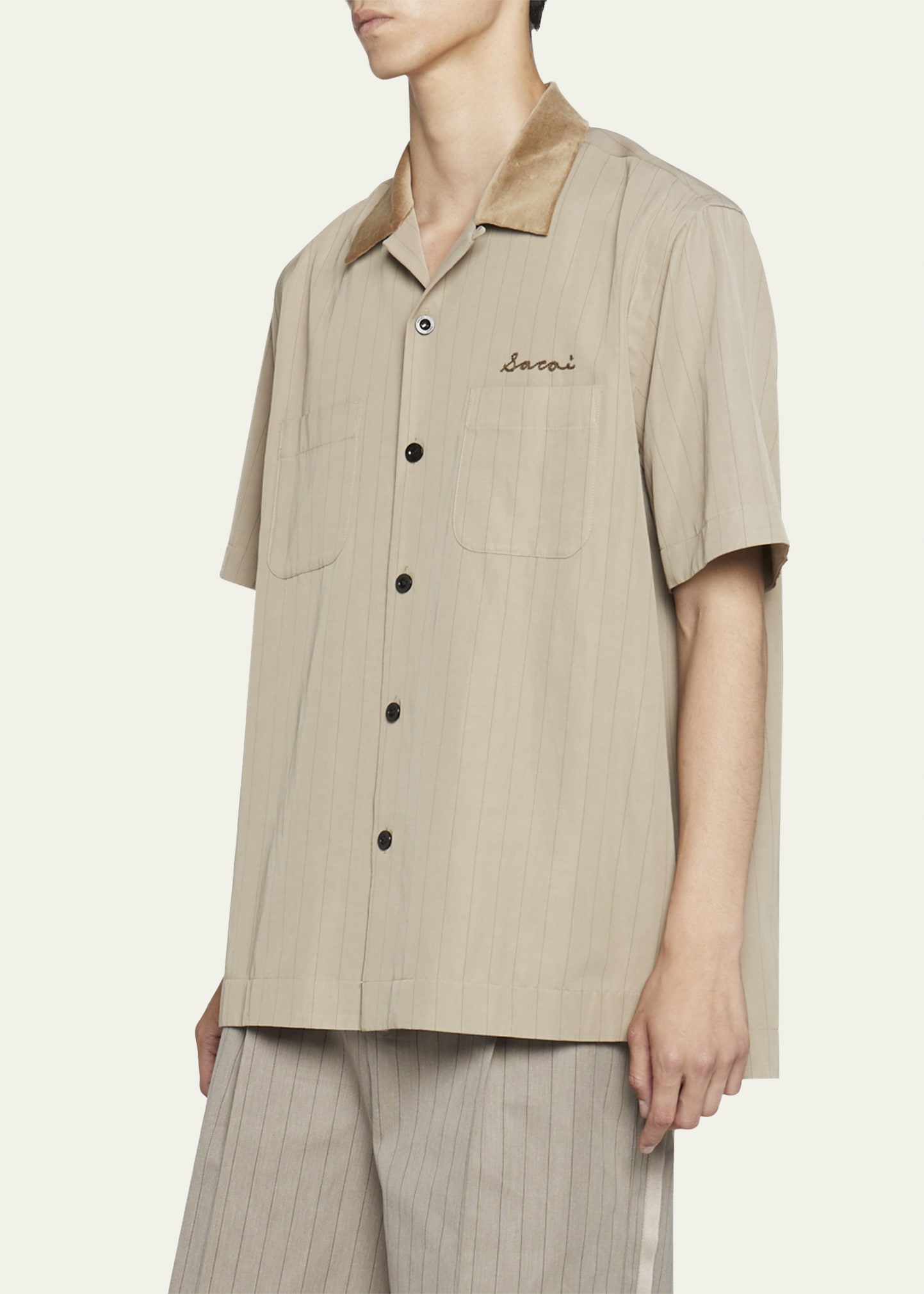 SACAI Men's Pinstriped Velvet-Collar Short-Sleeve Shirt - Bergdorf