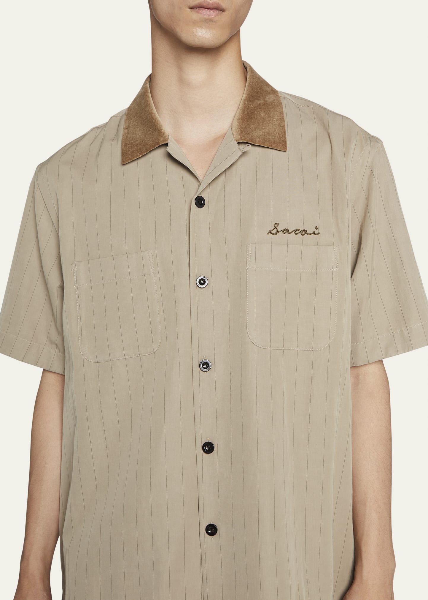 SACAI Men's Pinstriped Velvet-Collar Short-Sleeve Shirt - Bergdorf