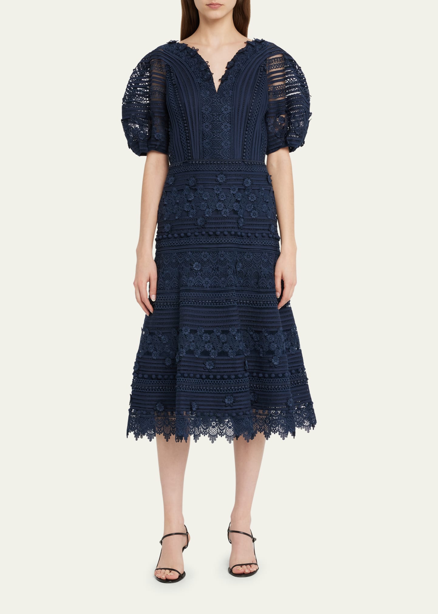 green emerald velvet dress THE CELIA EMBROIDERED PUFF SLEEVE MIDI DRESS (IVORY) | Love Cherish main image 1