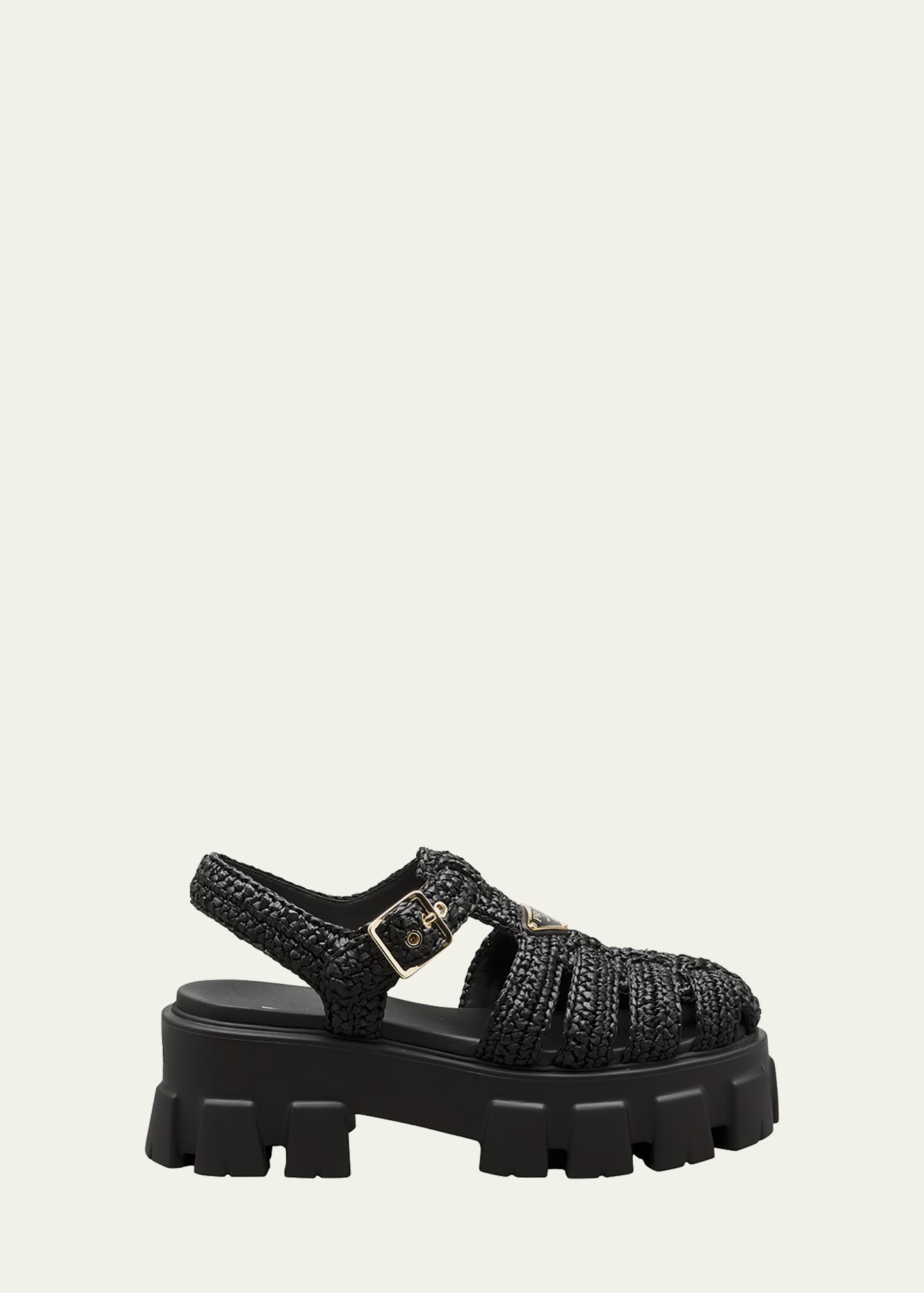 Monolith Raffia Platform Fisherman Sandals in Black - Prada