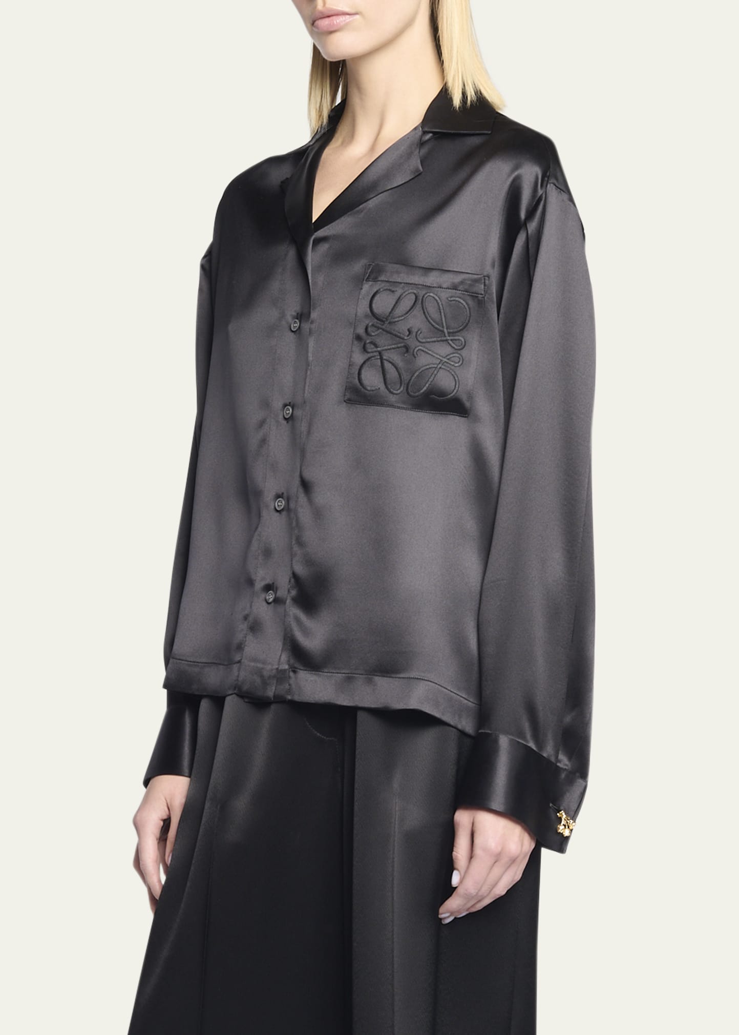 Loewe Satin Pajama Shirt with Embroidered Logo Pocket - Bergdorf